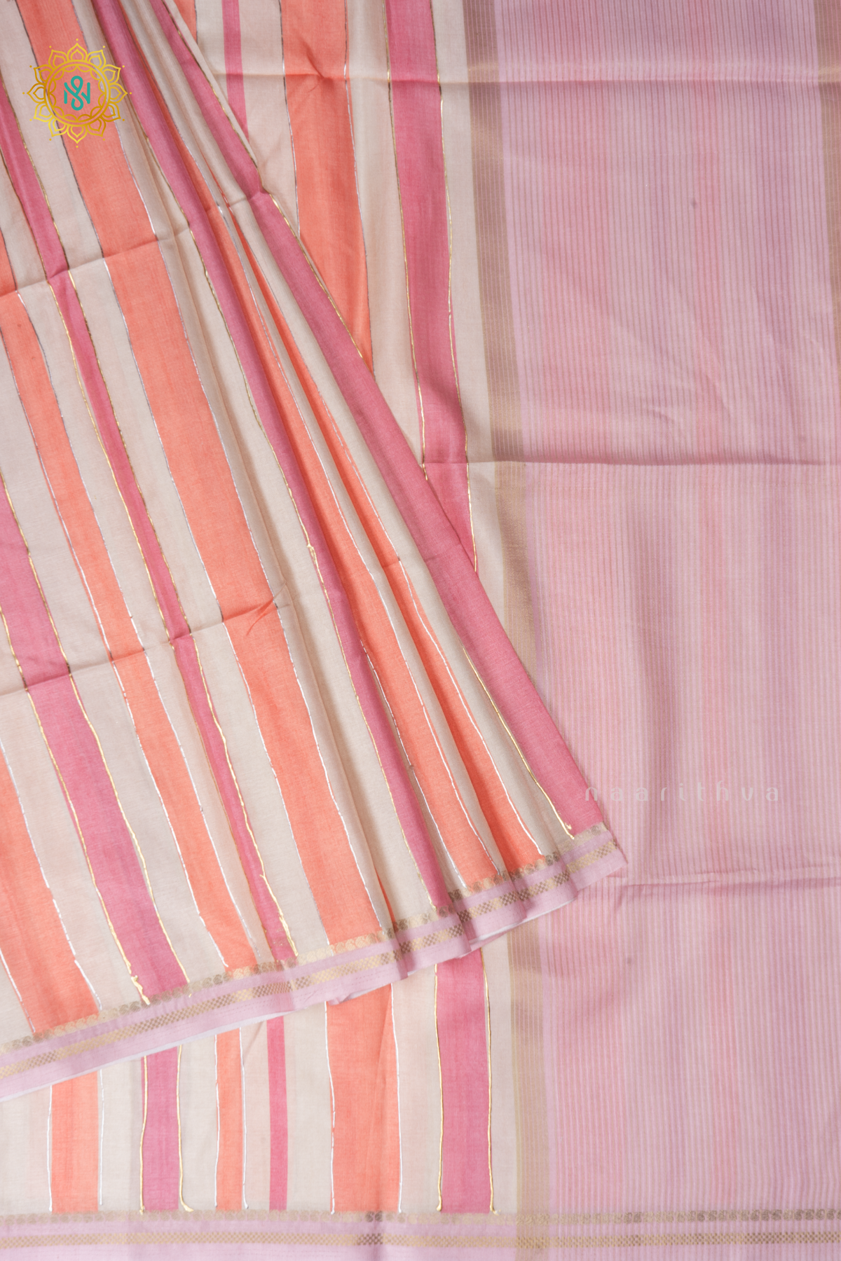 Light Pink With Dark Peach Semi Tussar Silk Saree With Vertical Stripes & Contrast Pallu