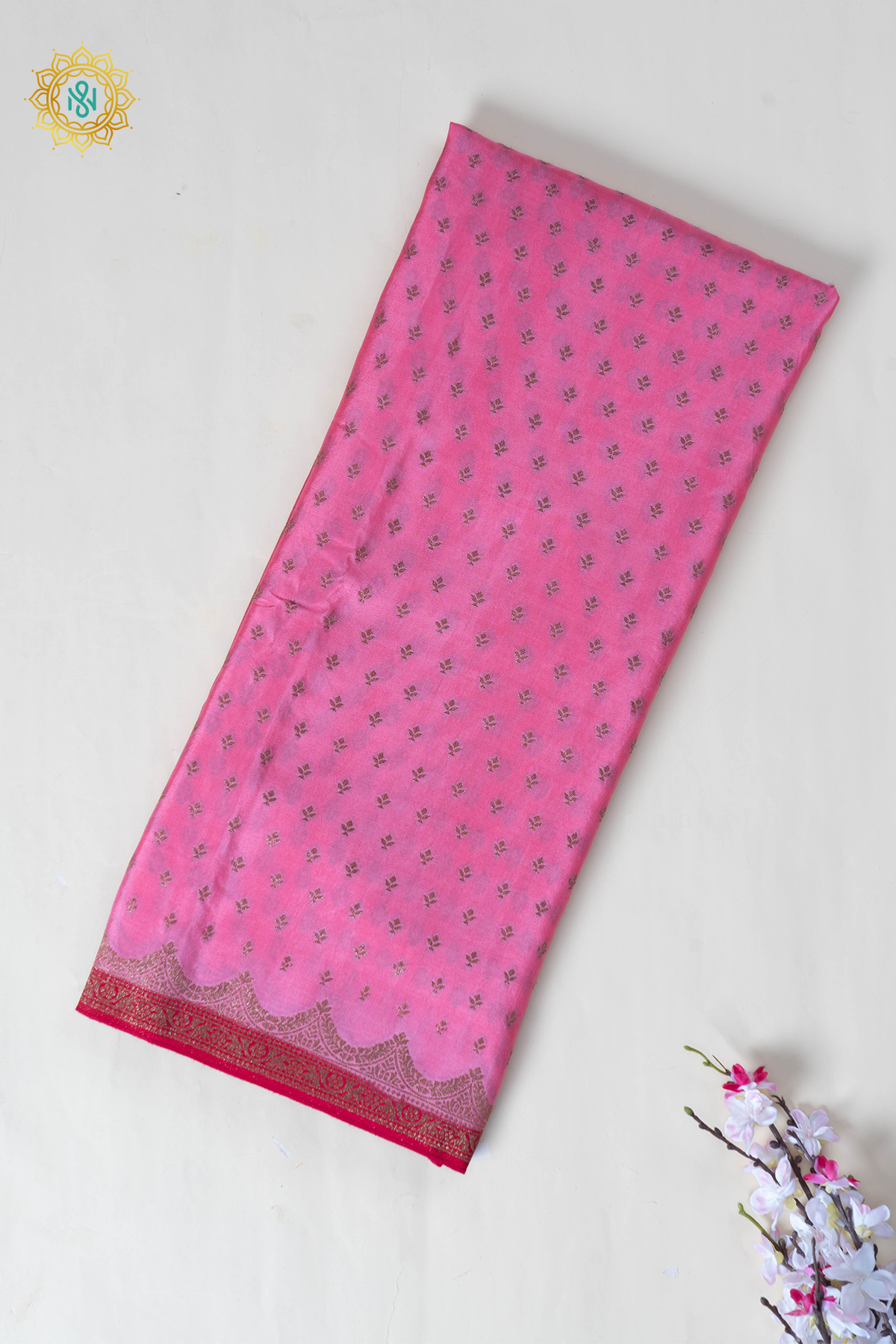 Light Pink with Rani Pink Semi Crepe Silk with Allover Woven Buttas and Contrast Scallop Zari Border,Pallu and Blouse