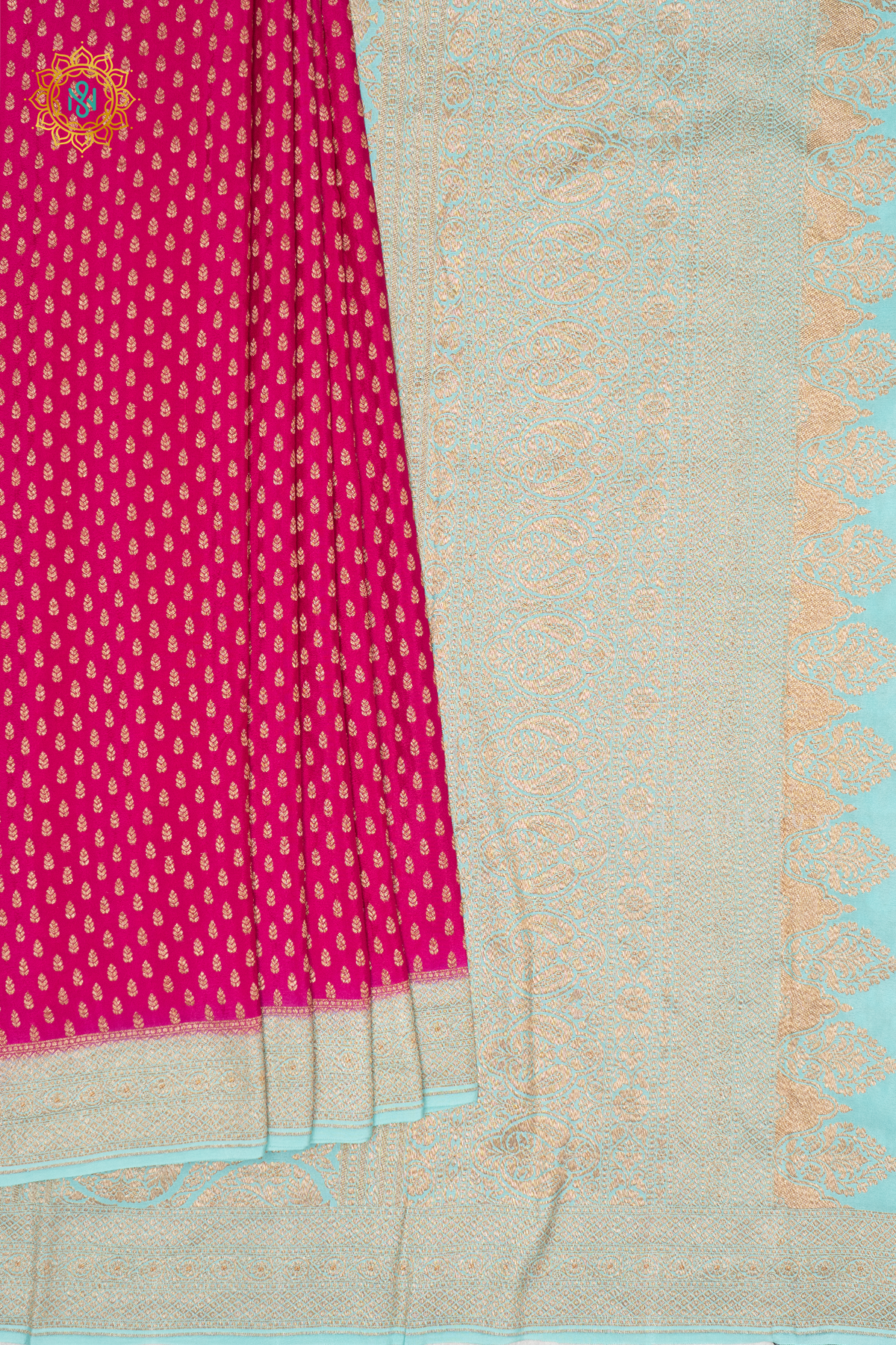 PINK WITH AQUA GREEN - PURE BANARASI CREPE SILK
