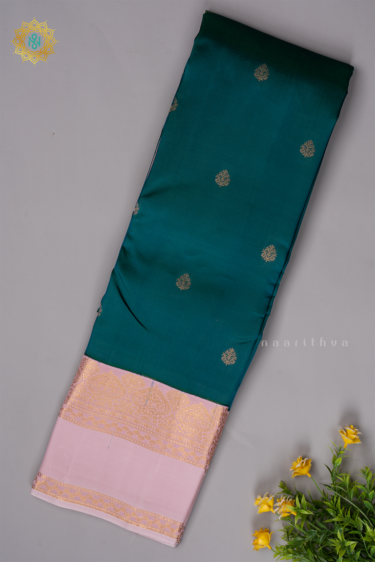PEACOCK BLUE WITH LIGHT PINK - KANJIVARAM PURE MIX