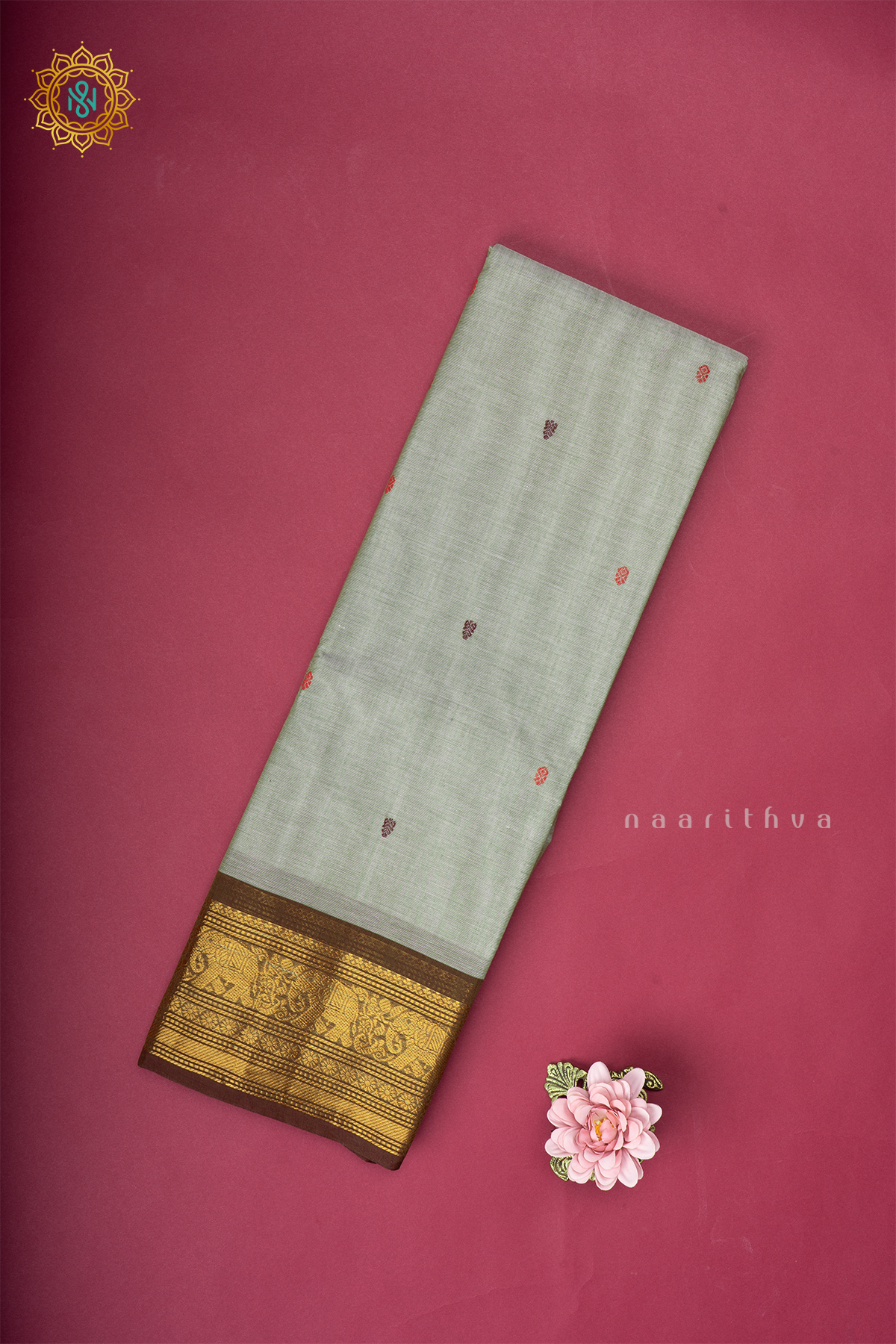 Grey With Olive Green Chettinad Cotton Saree With Thread Woven Buttas & Contrast Border