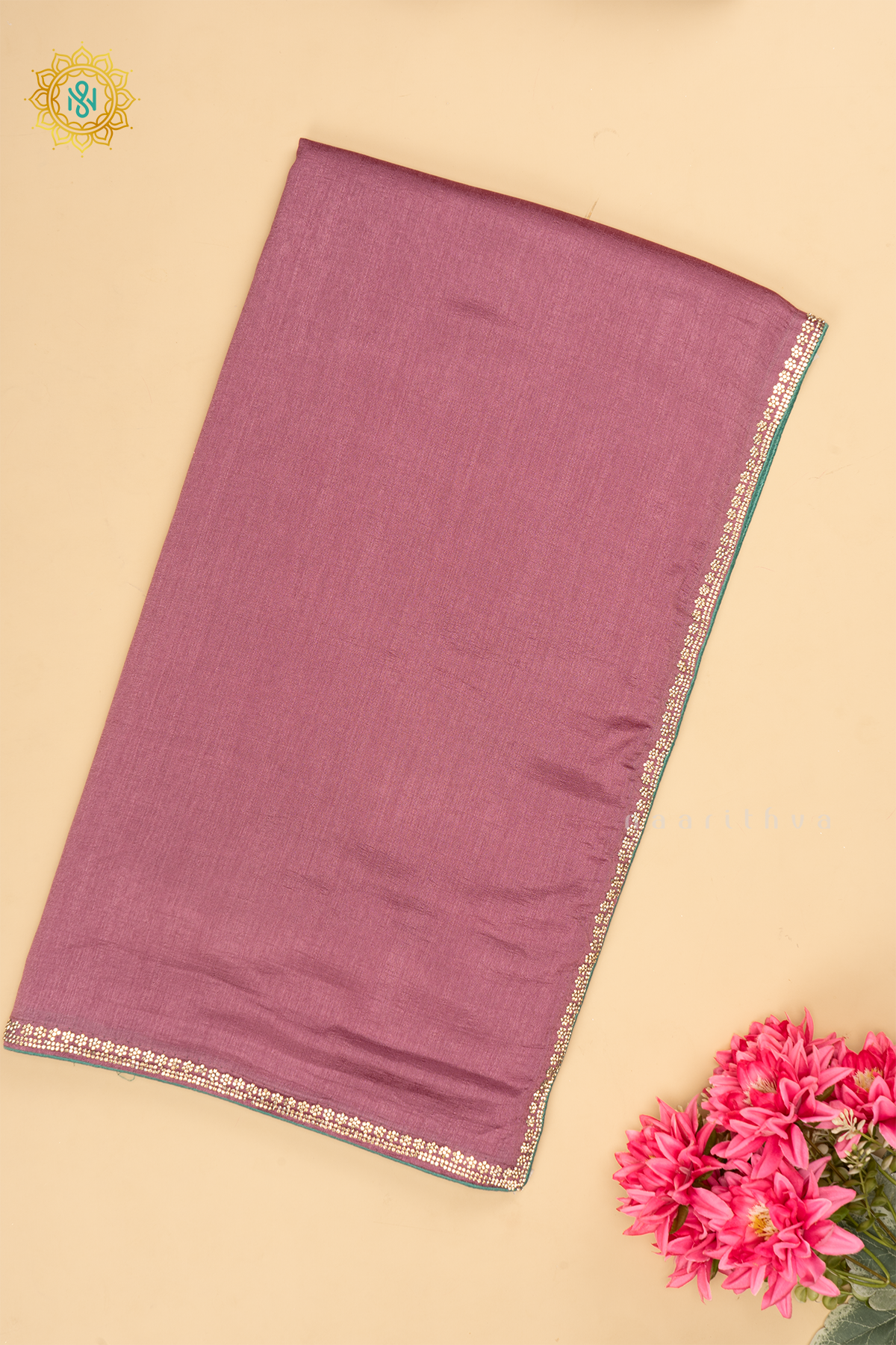 Onion Pink with Aqua Green - Party Wear Tussar Georgette Saree Allover Plain Body with Stone Work Border, with Contrast Blouse