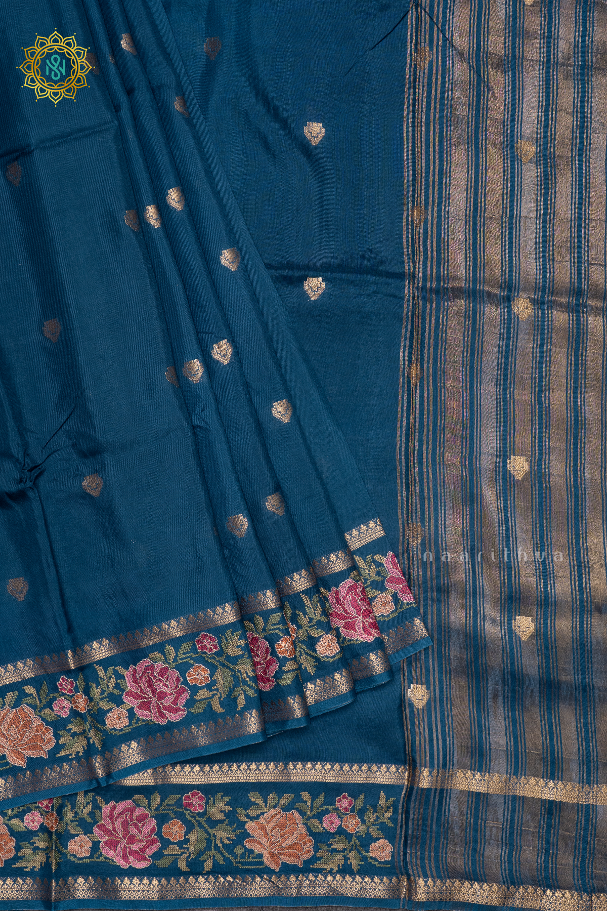 TEAL BLUE - SEMI CREPE SILK WITH EMBROIDERY