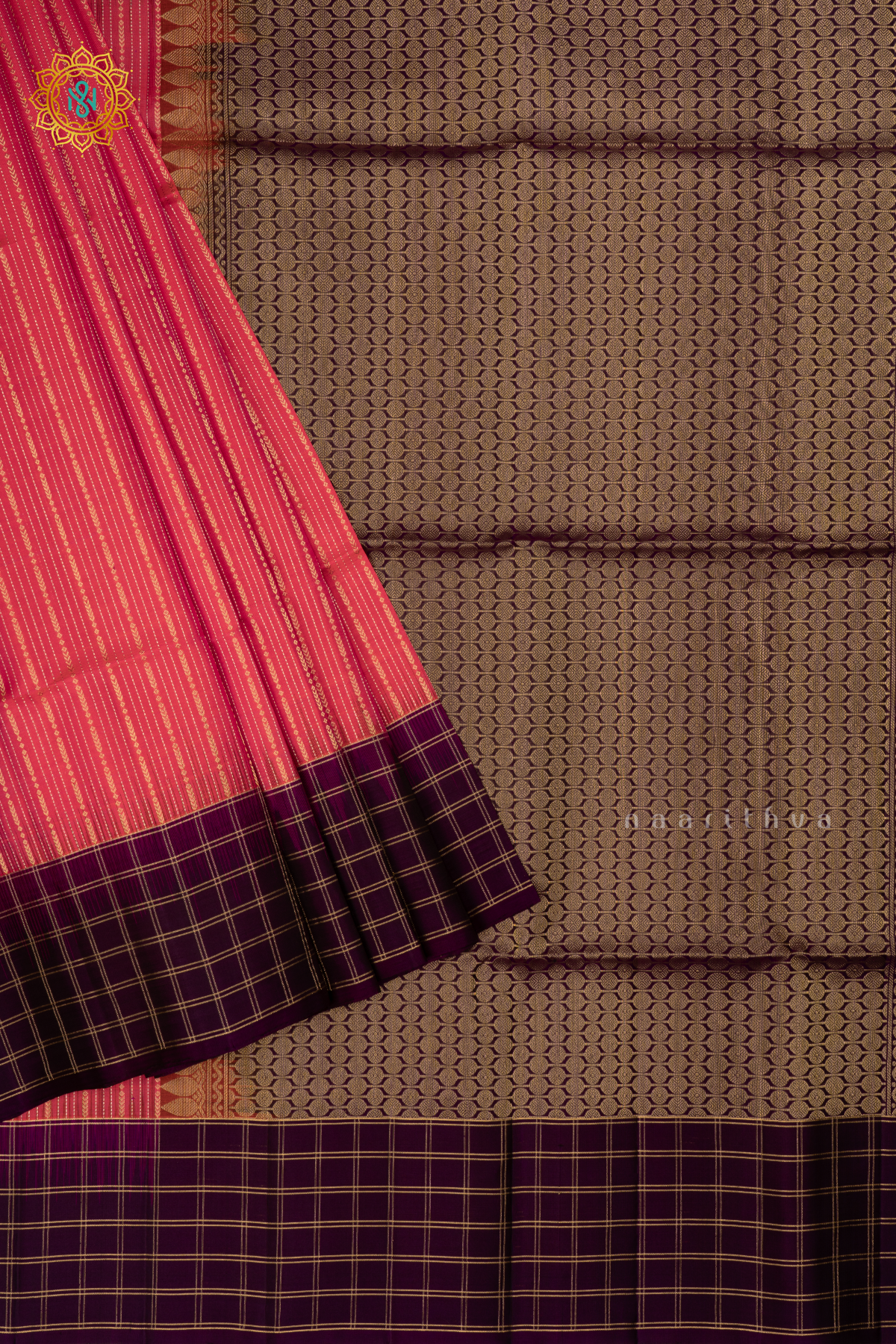 Pink with Purple Pure Kanjivaram Soft Silk Saree With Allover Zari Stripes and Contrast Zari Checks Border