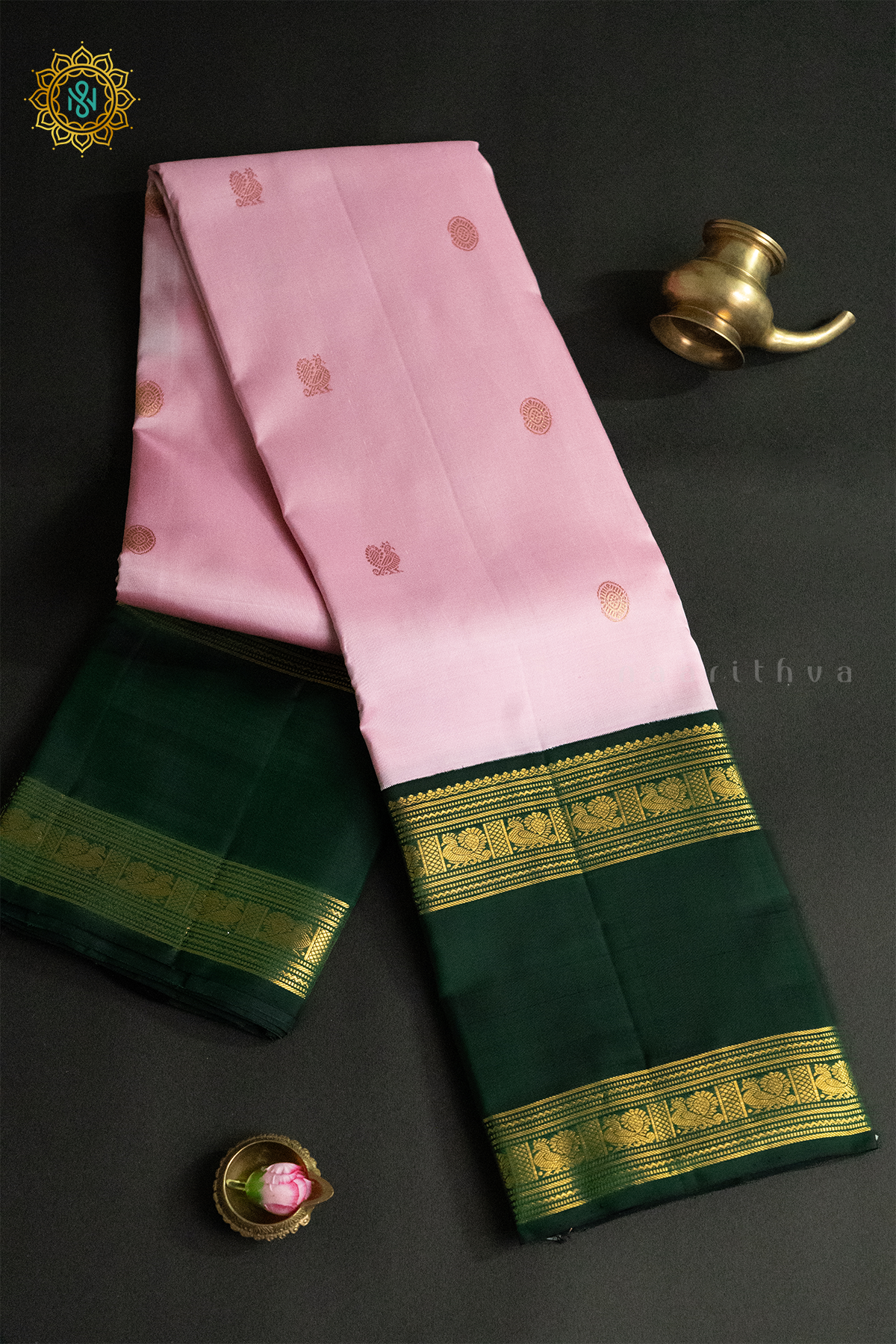 LIGHT PINK WITH BOTTLE GREEN - PURE KANJIVARAM SILK