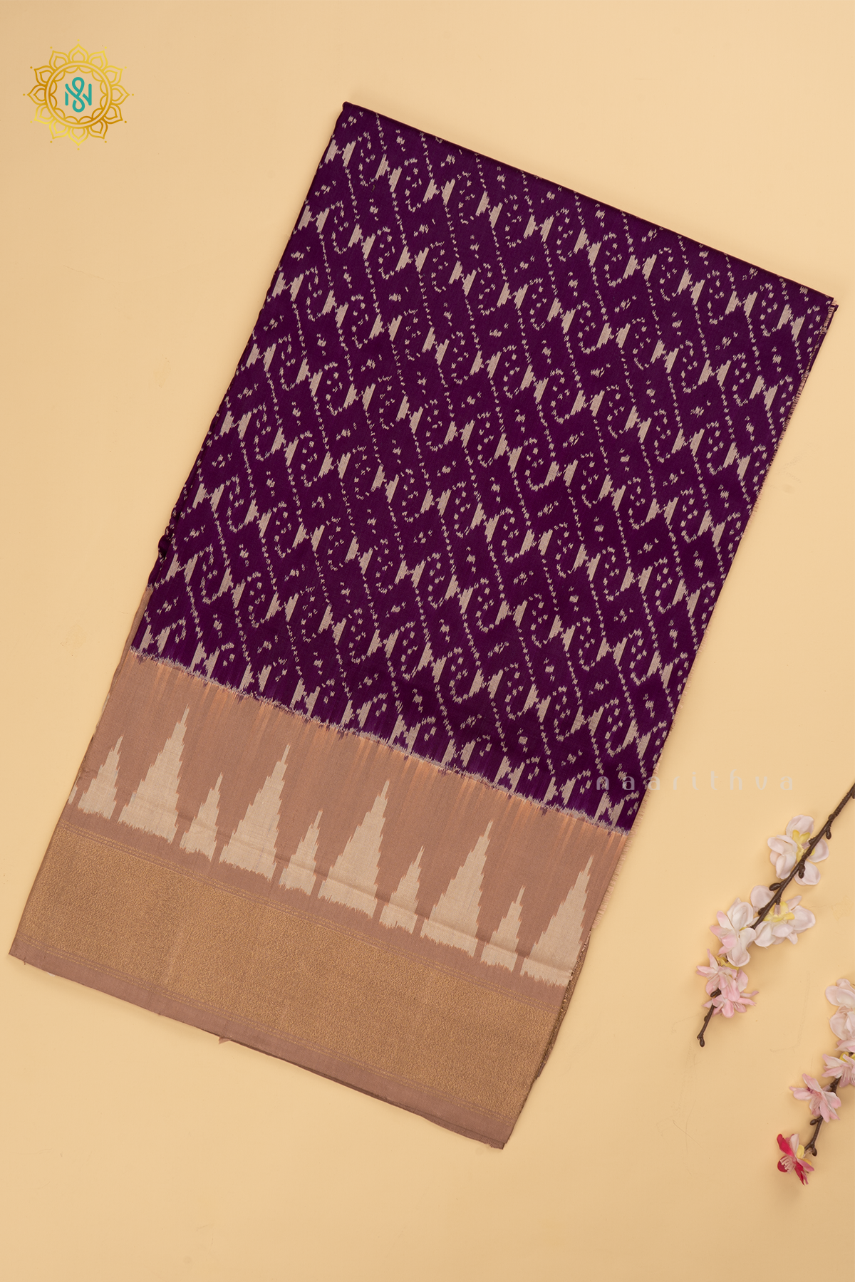 Purple with Beige Ikkat Pure Silk Saree with Patola Printed Body and Zari Border