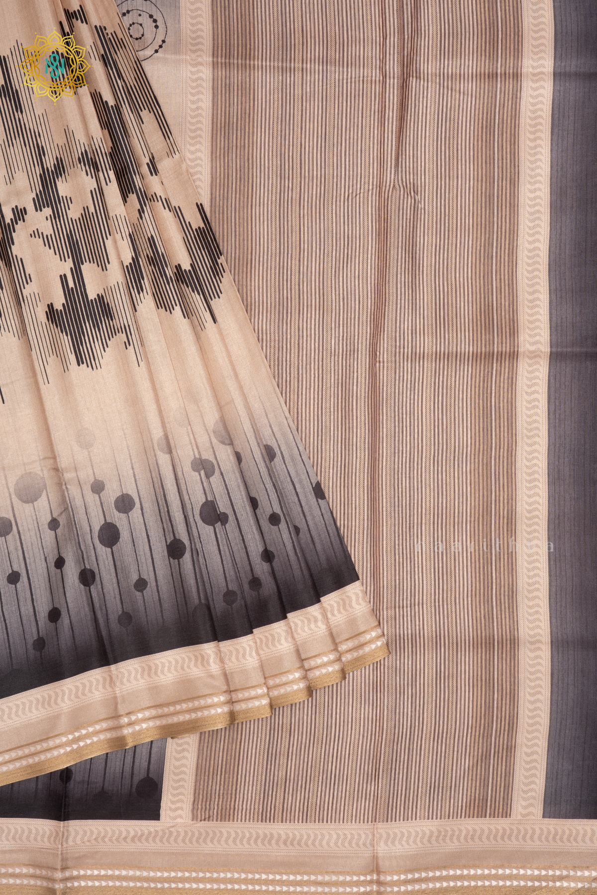 BEIGE WITH BLACK - SEMI CREPE SILK SAREE DIGITAL PRINTS AND ZARI WOVEN BORDER