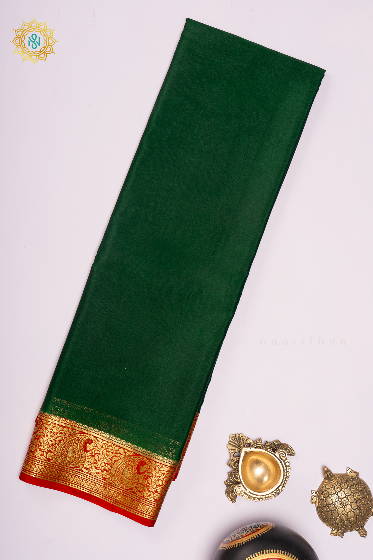BOTTLE GREEN WITH RED - PURE MYSORE CREPE SILK