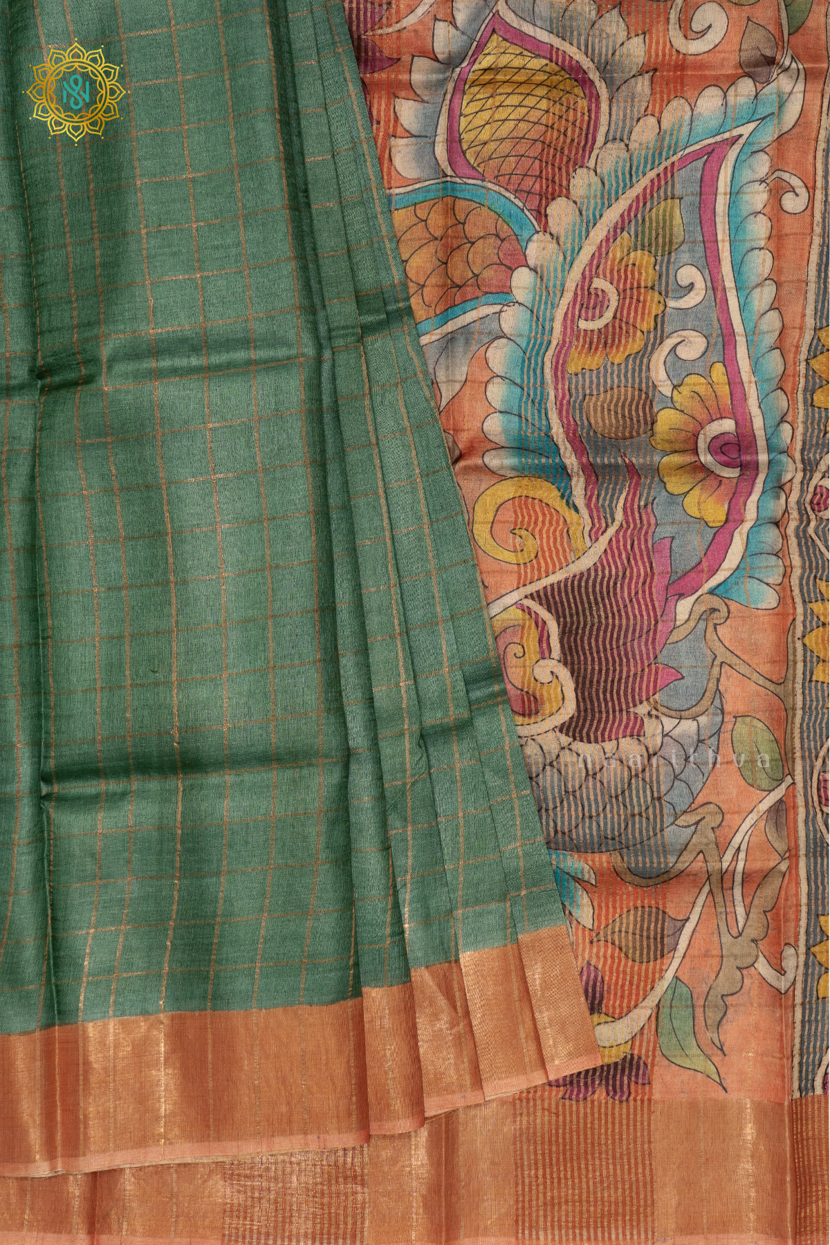 GREEN WITH PEACH - PURE TUSSAR SILK