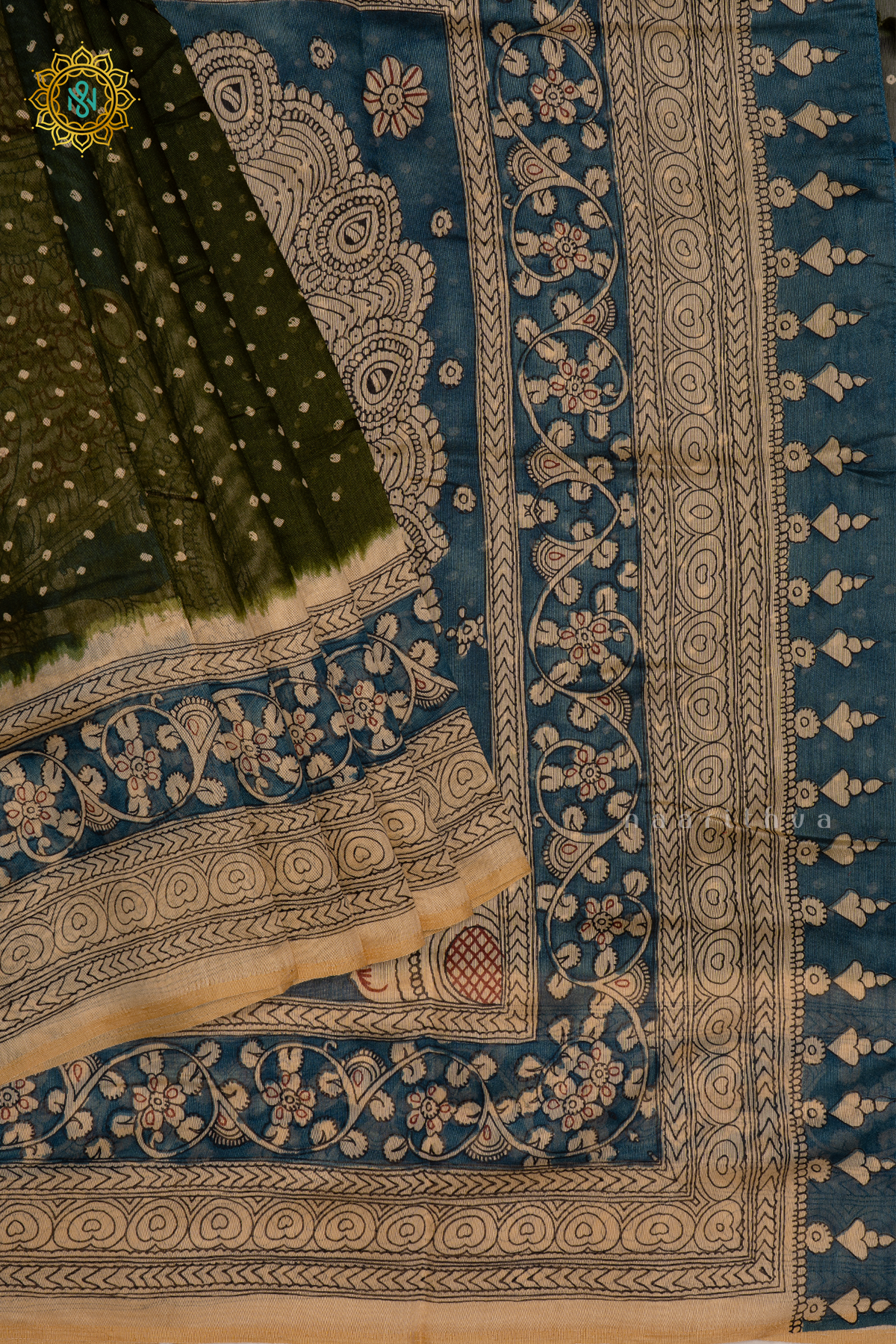 OLIVE GREEN WITH BLUE AND OFF WHITE - LINEN BY COTTON