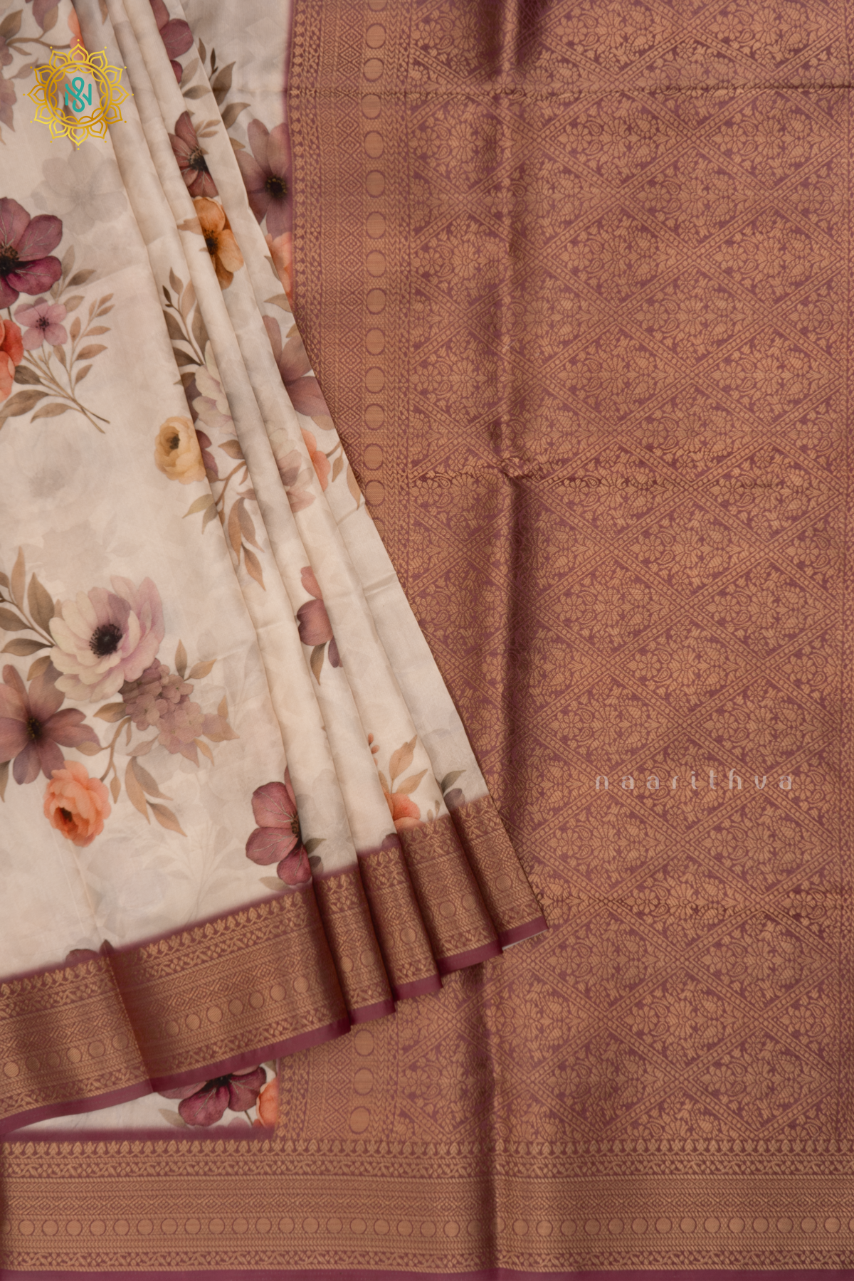 White with Light Brown Semi Crepe Silk Saree with Printed Body, Zari Border, and Zari Pallu