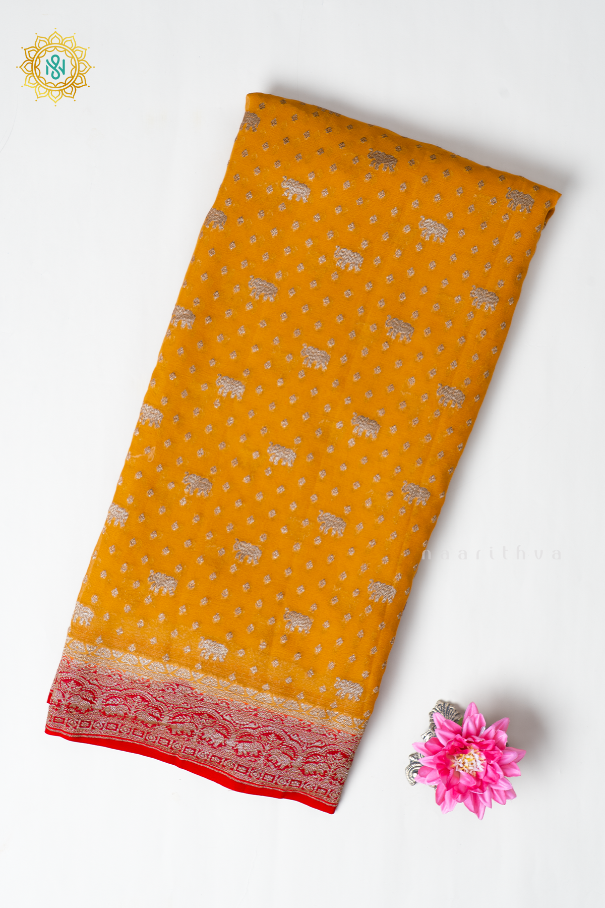 Yellow With Red Pure Banarasi Khaddi Georgette Allover Antique Zari Buttas On The Body With Contrast Zari Border & Pallu