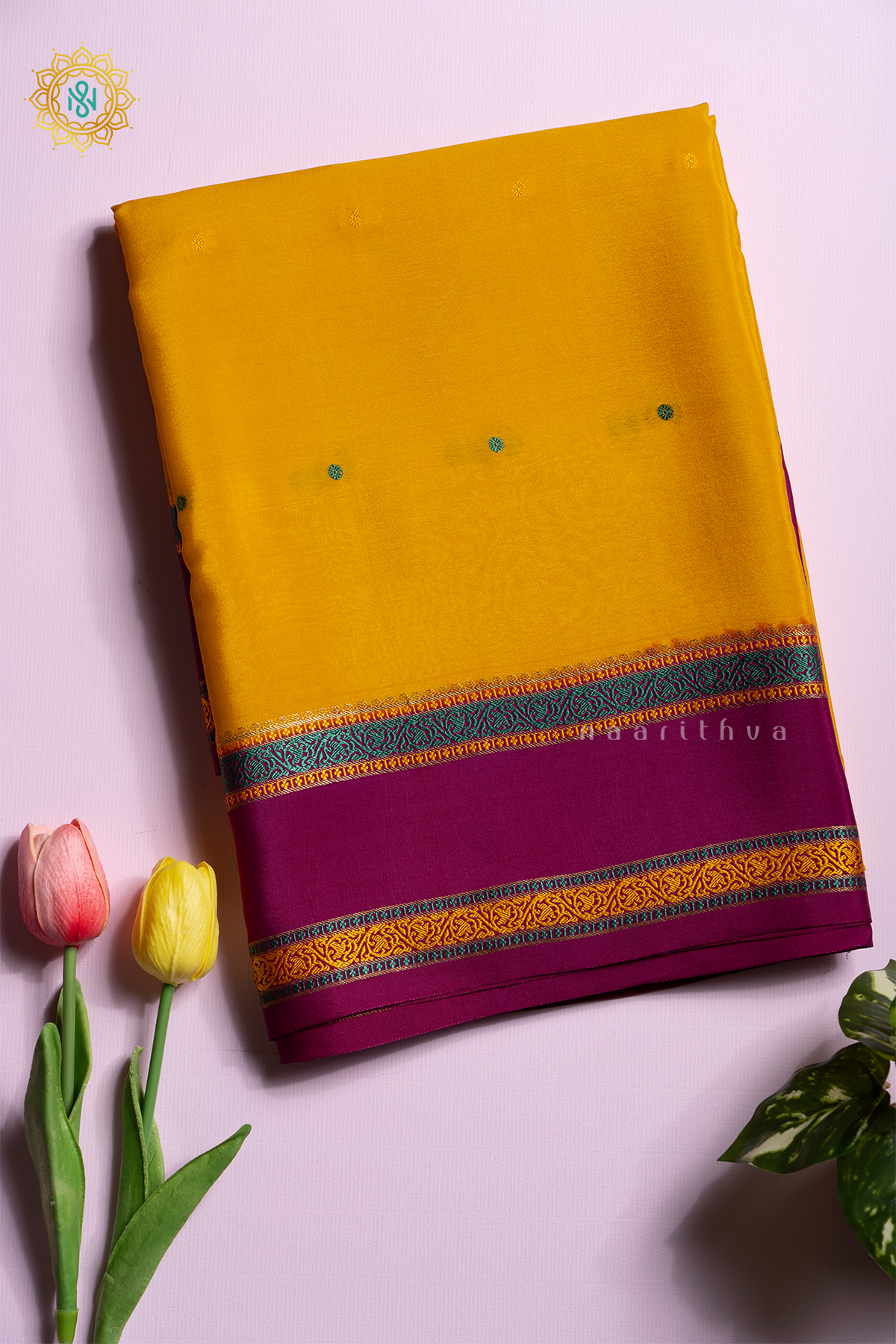 YELLOW WITH PINK - PURE MYSORE CREPE SILK