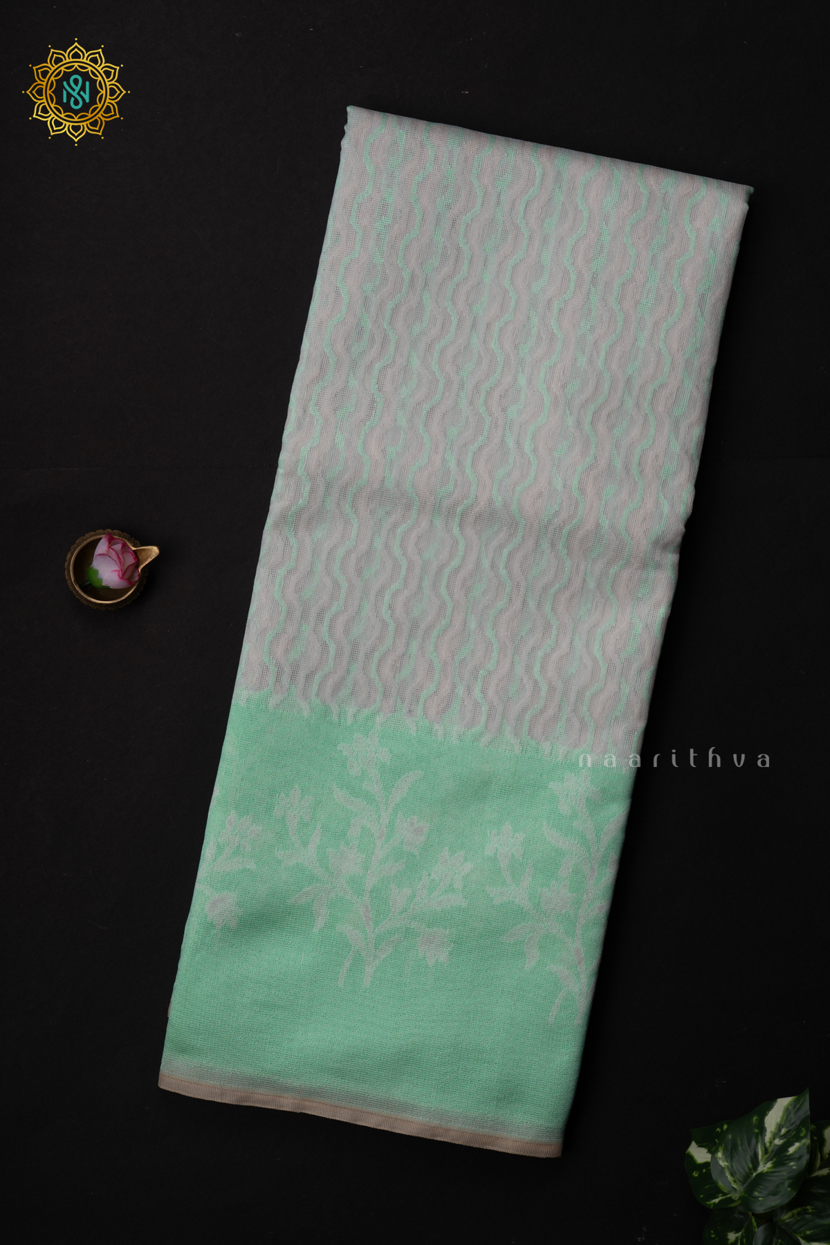 WHITE WITH AQUA GREEN - KOTA COTTON