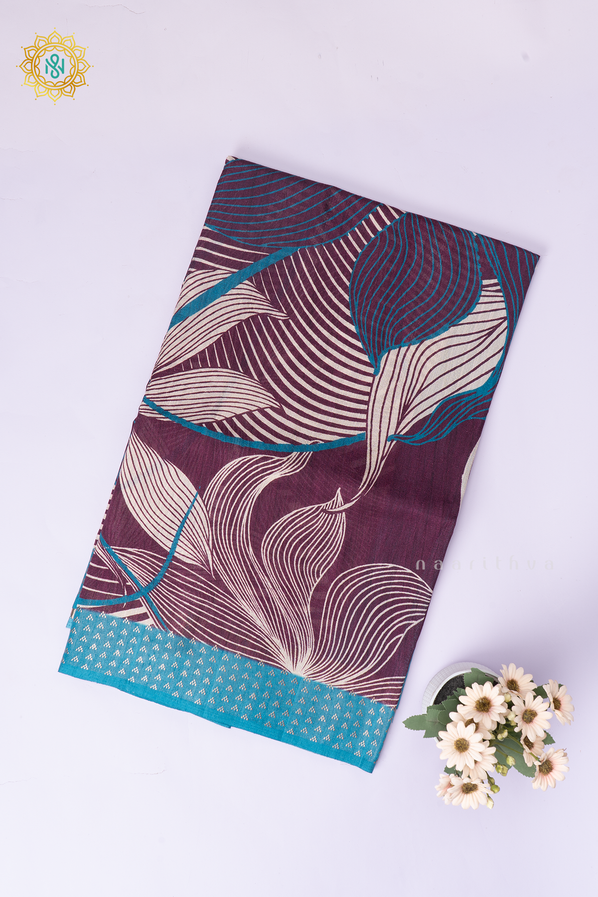 Wine With Sky Blue Semi Cotton Tussar Saree with Printed Body & Contrast Pallu