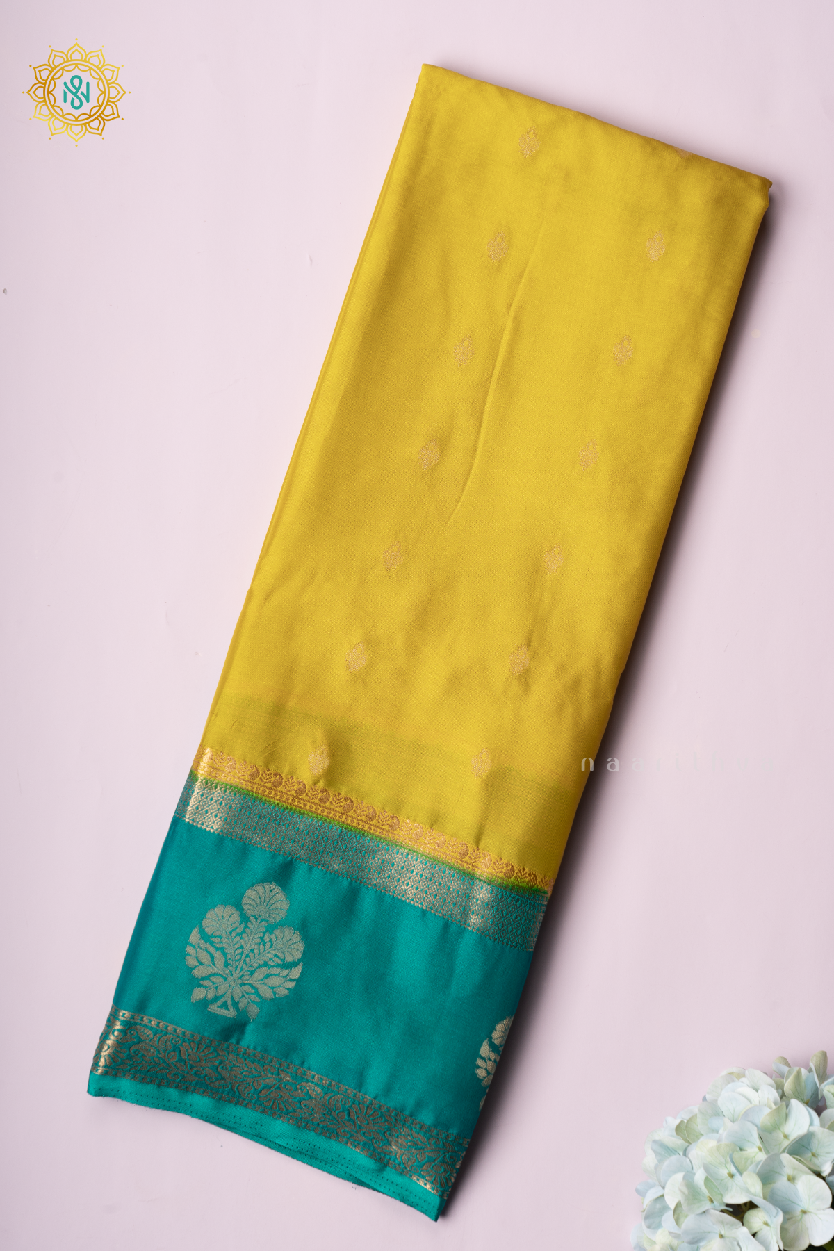 LEMON YELLOW WITH CYAN GREEN - SEMI MYSORE CREPE SILK