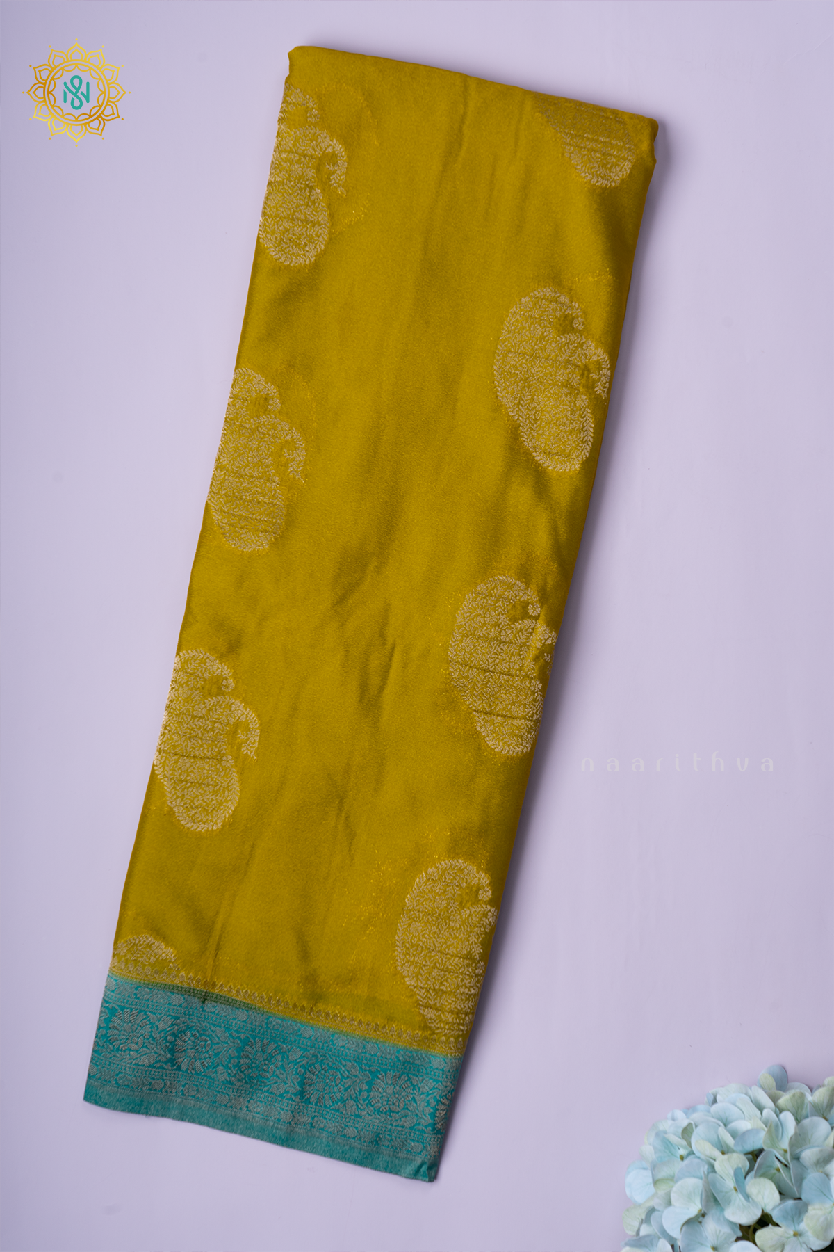 PARROT GREEN WITH SKY BLUE - SEMI CREPE GEORGETTE