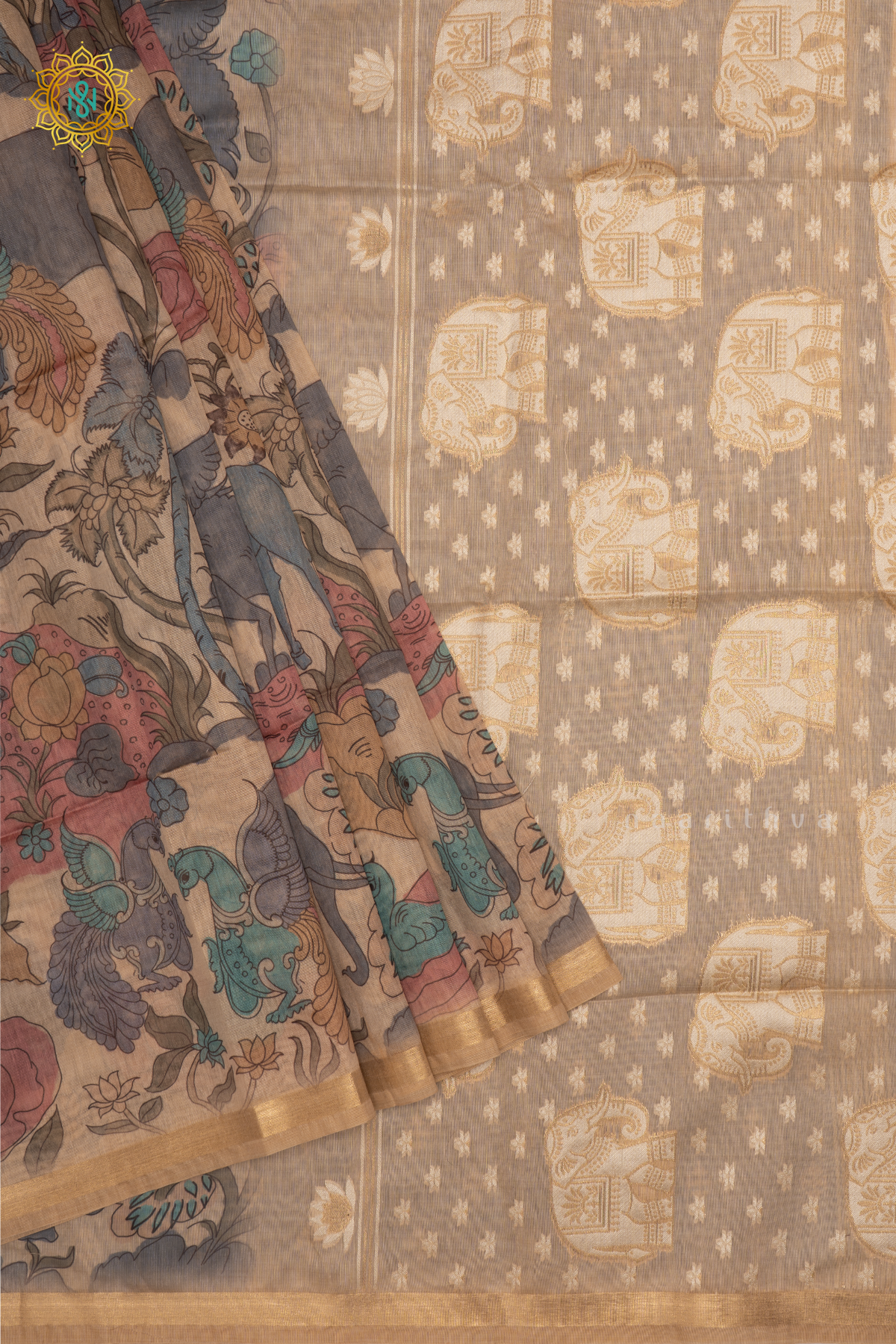 Beige With Blue Linen By Cotton Saree With Kalamkari Prints On The Body