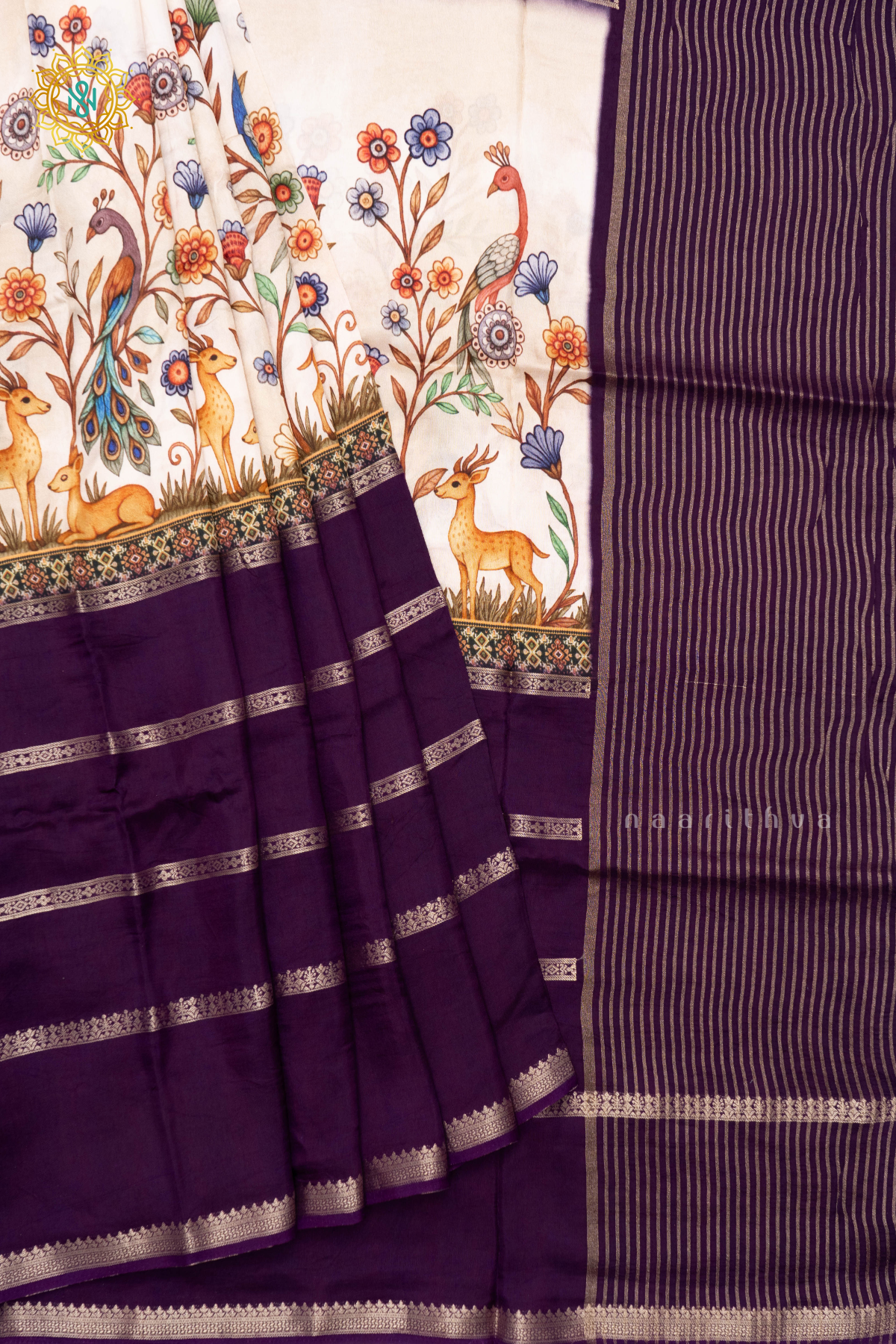 PURPLE WITH OFF WHITE - SEMI CREPE SILK