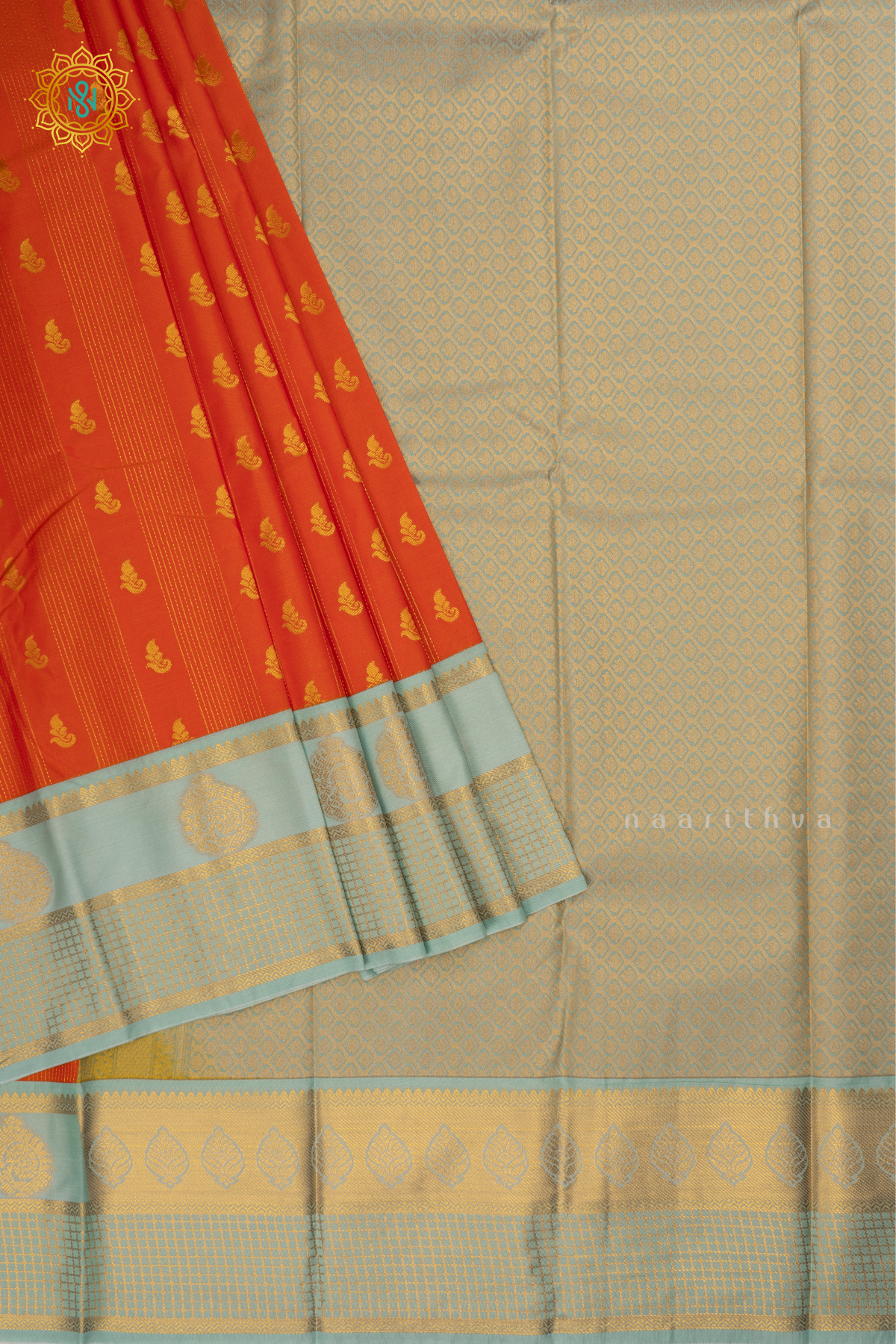 Orange With Aqua Green Semi Kanchi Saree With Zari Buttas All Over And Contrast Zari Border