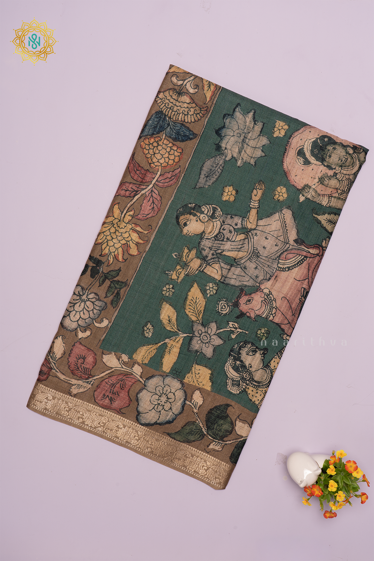 Blue With Light Brown Linen Tussar Saree With Printed Body