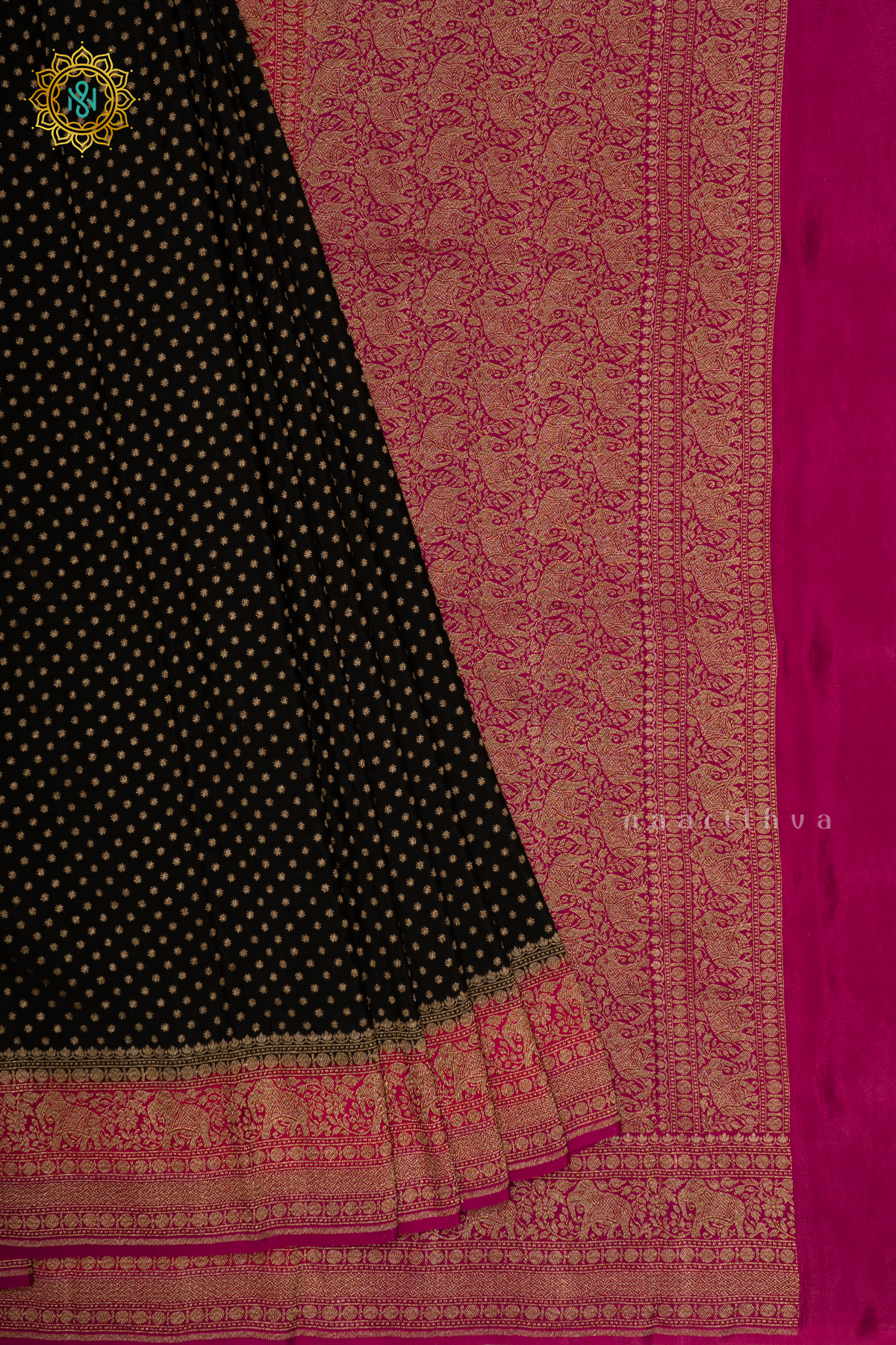 BLACK WITH RED & PINK - PURE BANARASI CREPE SILK