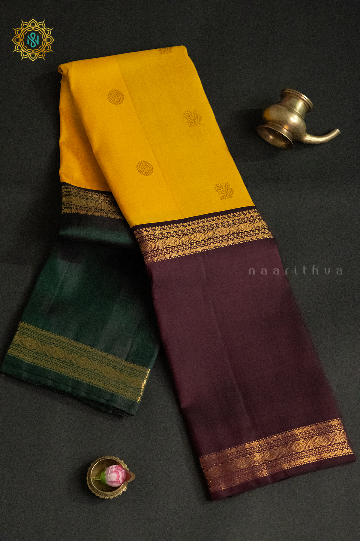 YELLOW WITH MAROON & GREEN - PURE KANJIVARAM SILK