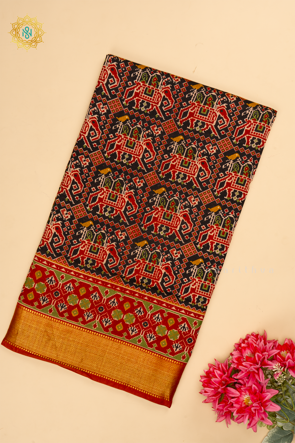Black with Red - Semi Silk Saree Allover Patola Printed Body with Contrast Zari Border, Pallu and Blouse