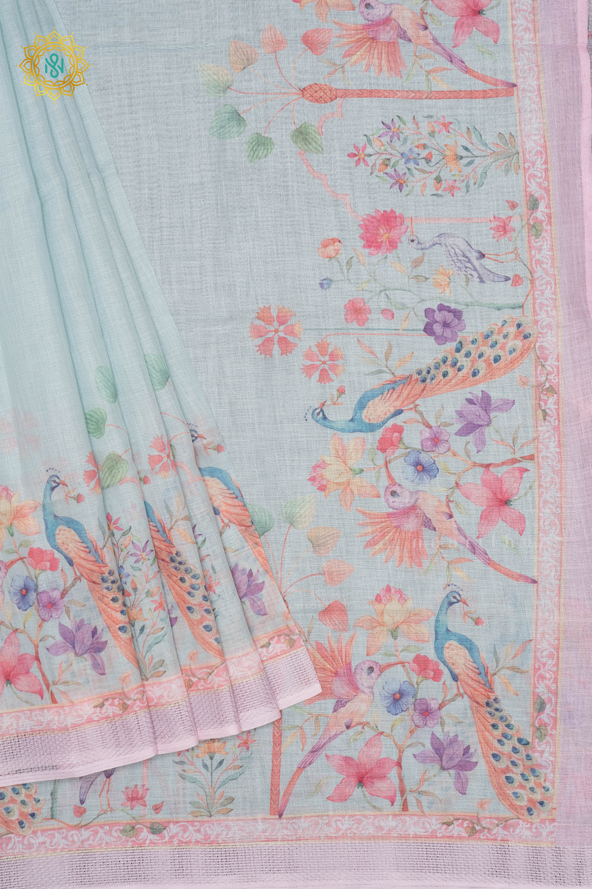 AQUA BLUE WITH PINK -  LINEN BY COTTON