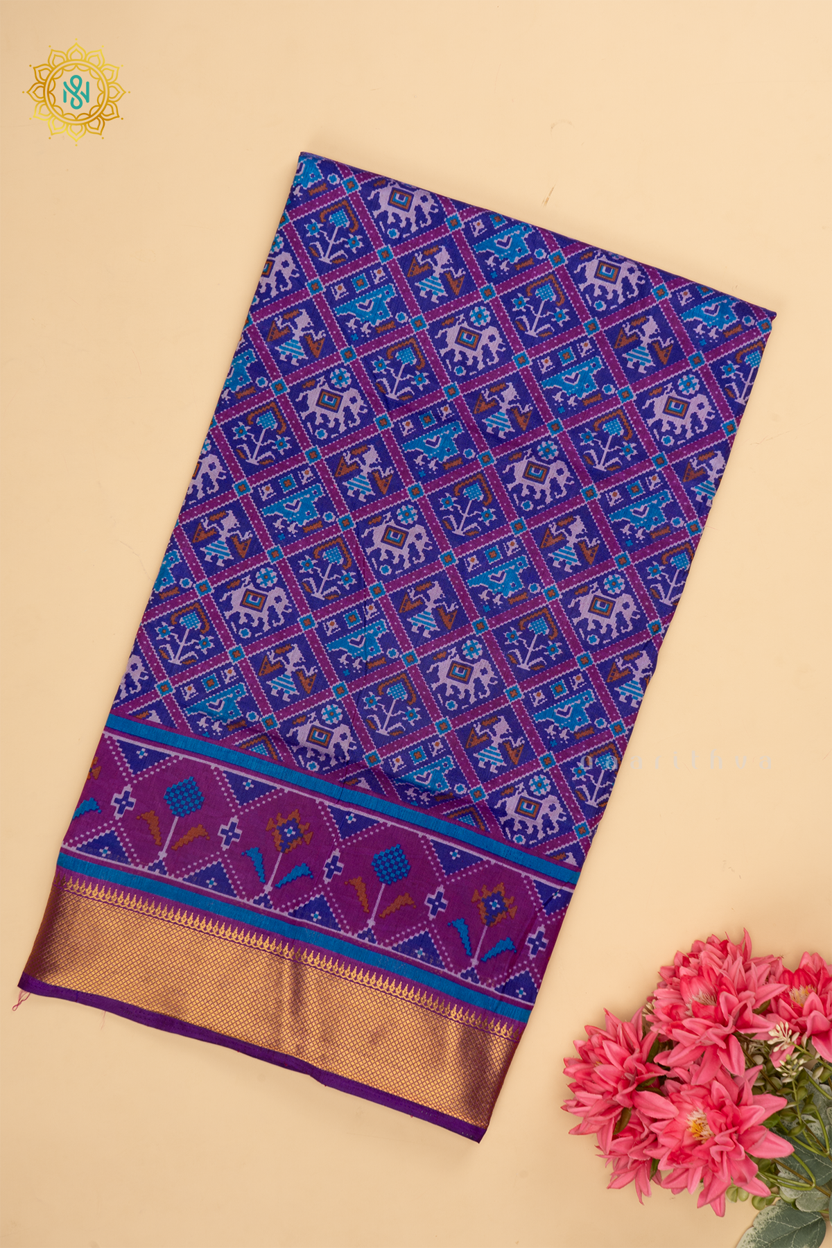 Blue with Pink - Semi Silk Saree Allover Patola Printed Body with Contrast Zari Border, Pallu and Blouse