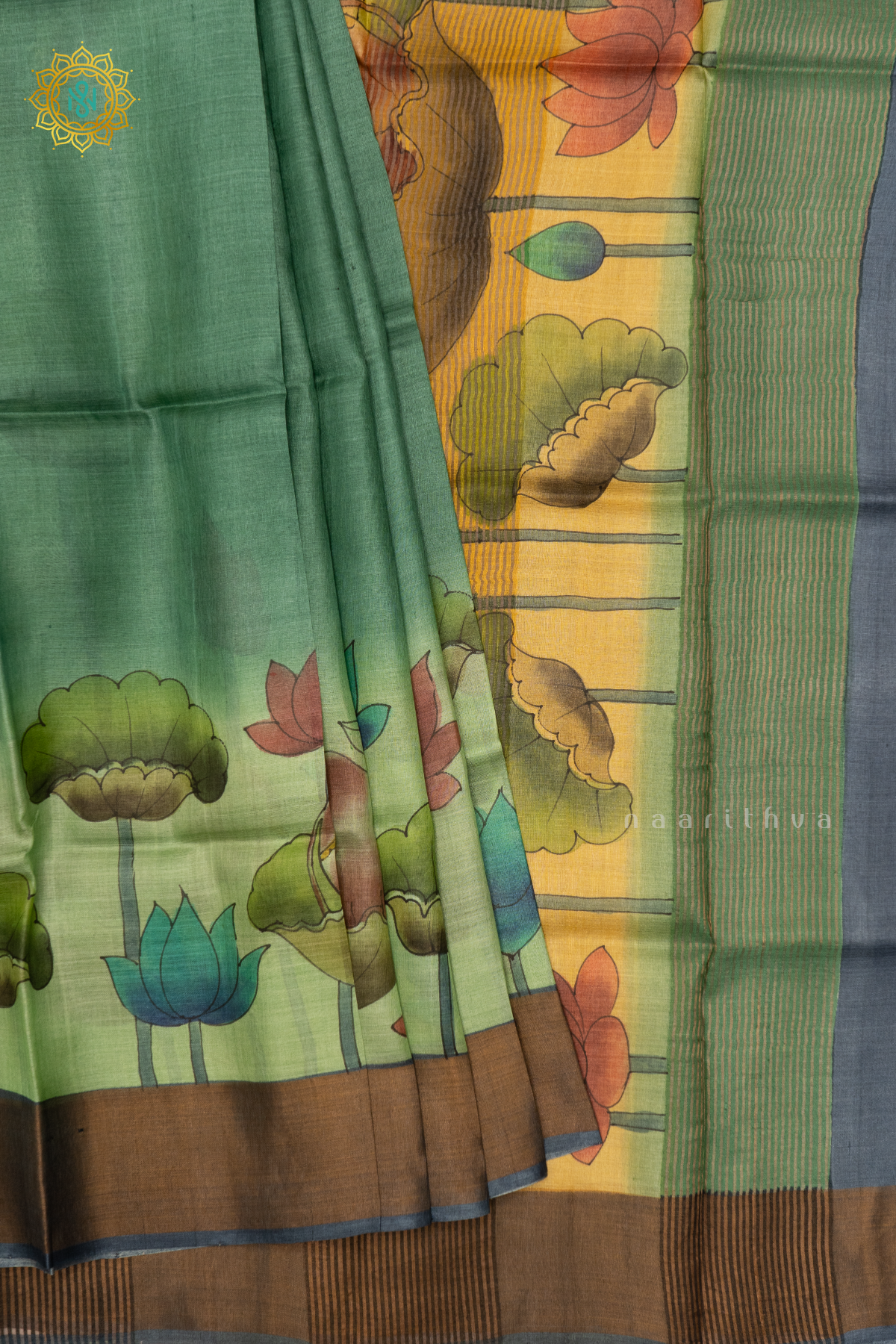 SAGE GREEN WITH GREY - PURE TUSSAR SILK