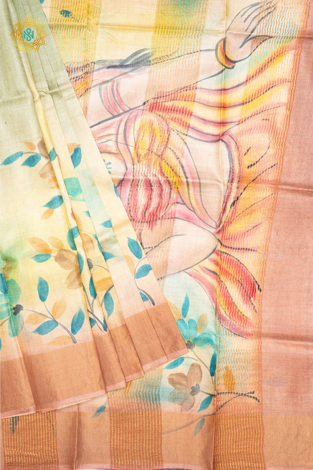 SAGE GREEN WITH PEACH - PURE TUSSAR SILK WITH HAND PAINTED