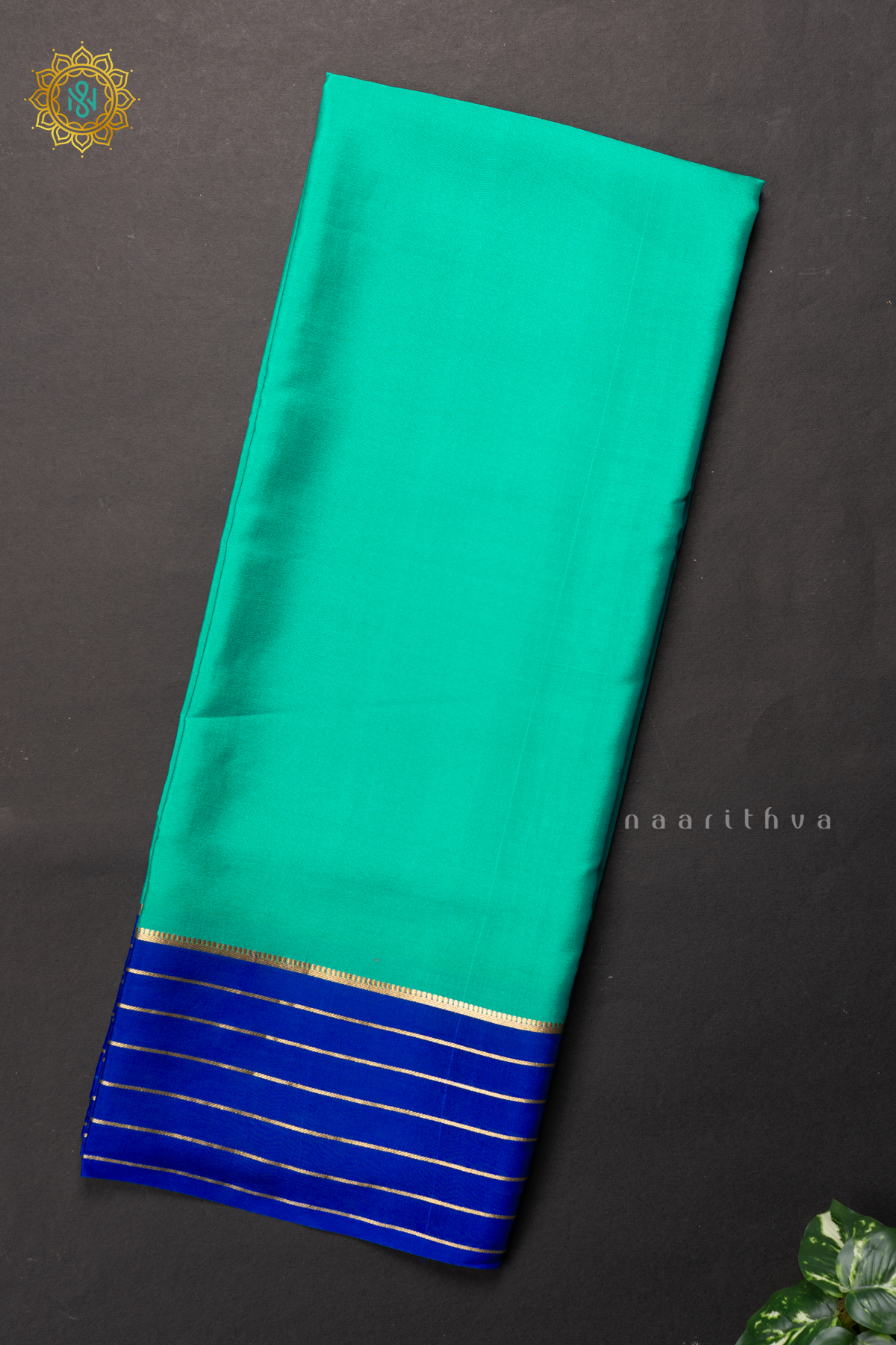 AQUA GREEN WITH ROYAL BLUE - PURE MYSORE CREPE SILK