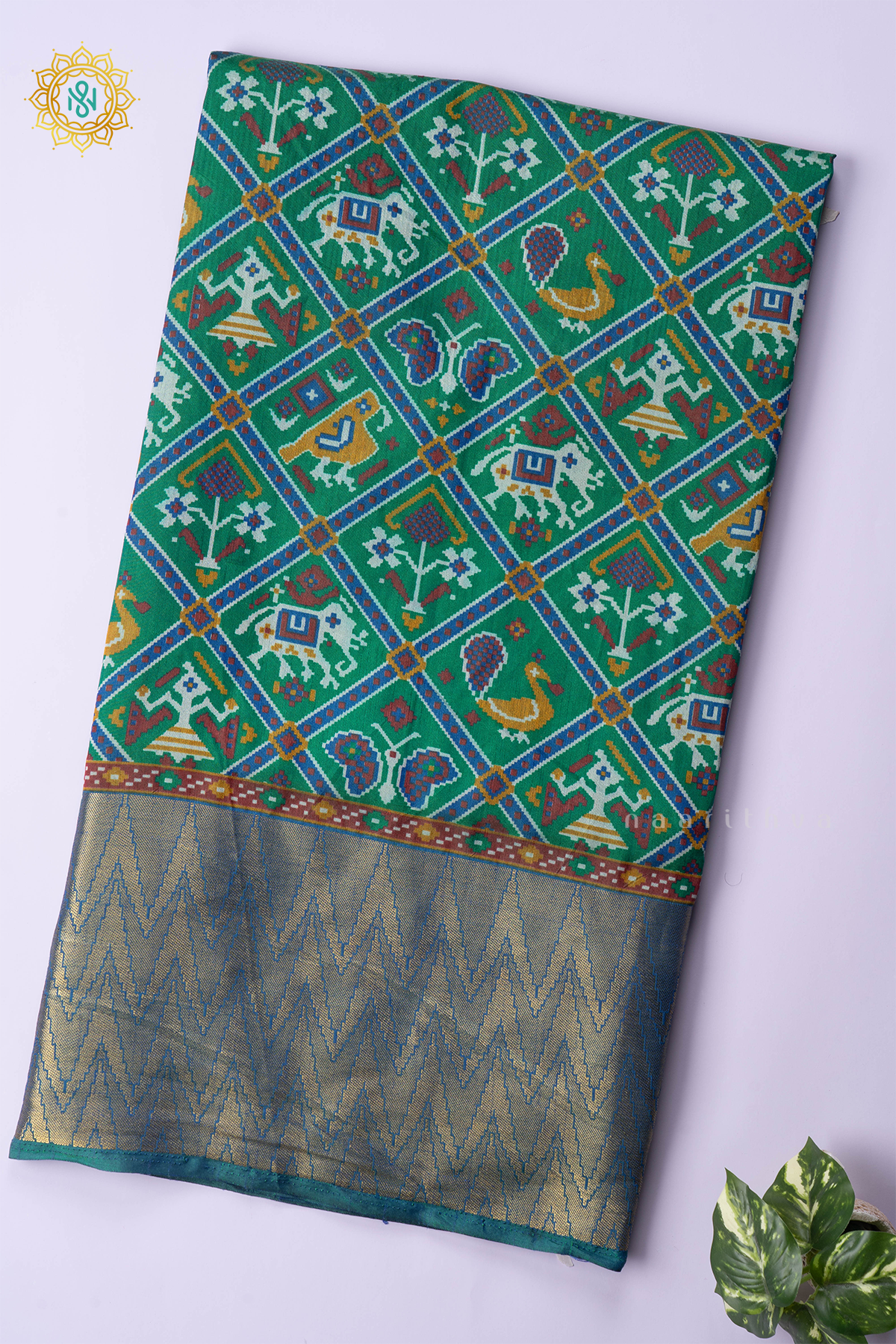 GREEN WITH SKY BLUE - SEMI SILK WITH PATOLA PRINTS