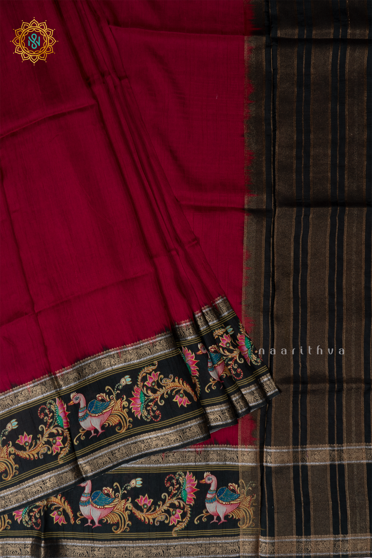 Red With Olive Green Printed Semi Crepe Silk With Contrast Border, Pallu