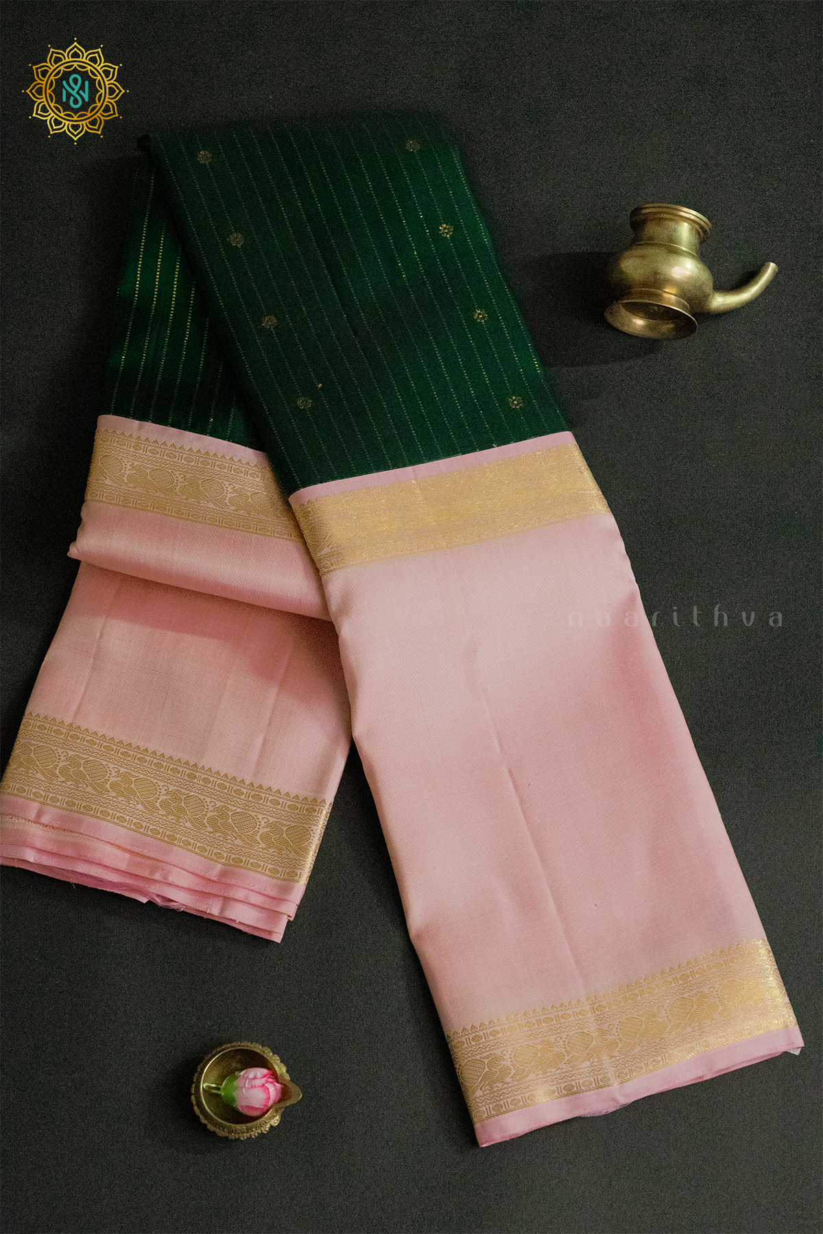 BOTTLE GREEN WITH PEACHISH PINK - PURE KANJIVARAM SILK