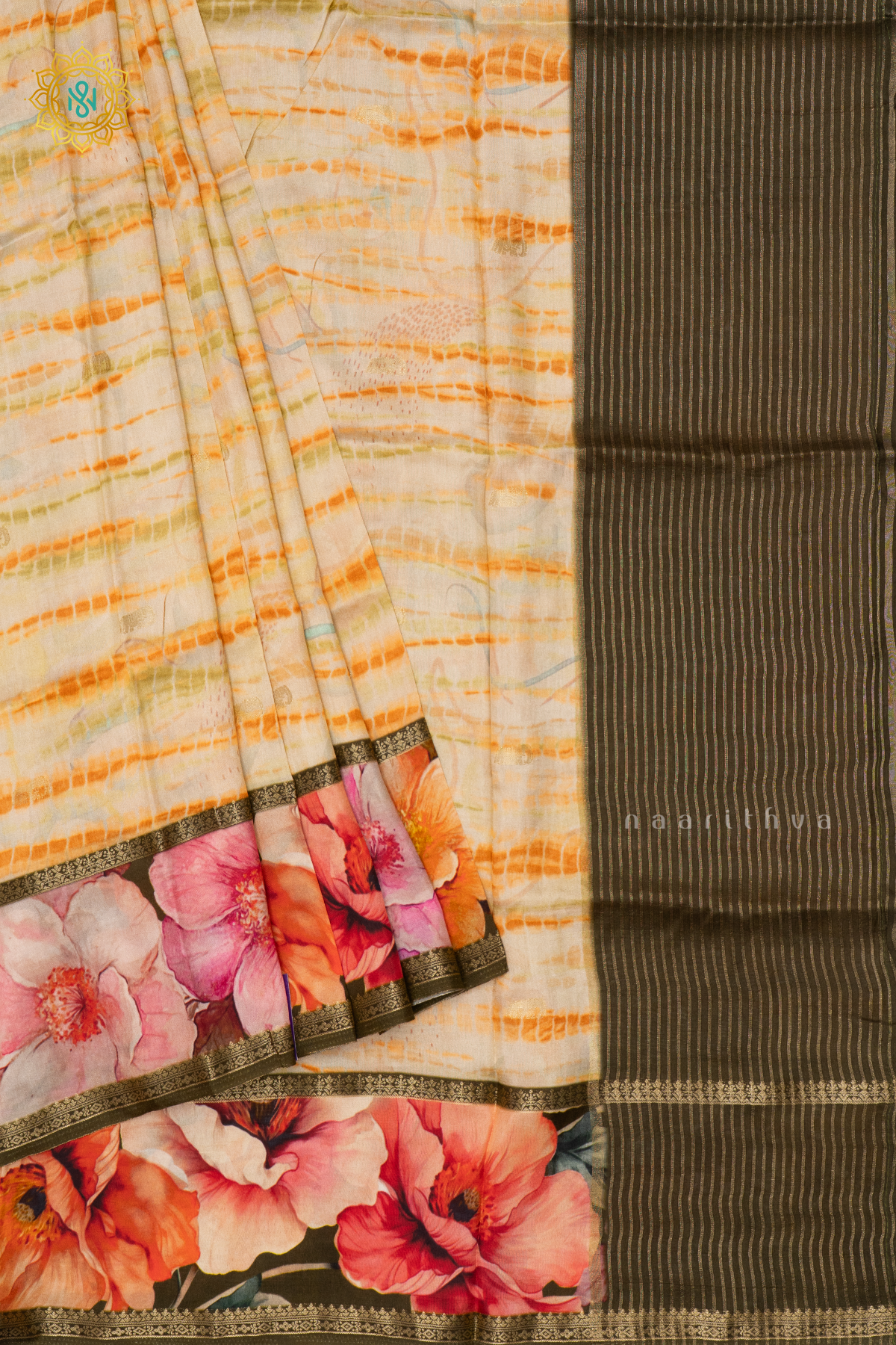 BEIGE WITH OILVE GREEN - SEMI CREPE SILK