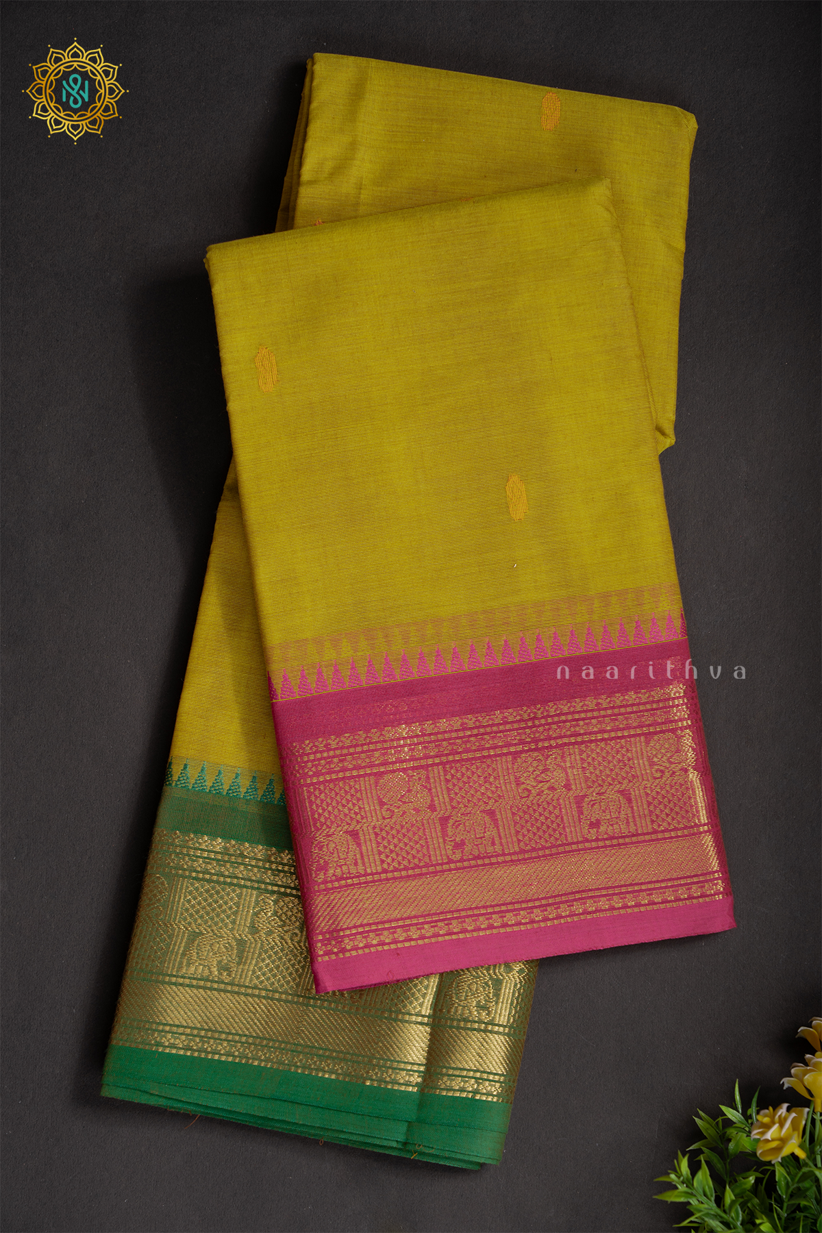 LEMON YELLOW WITH PINKISH MAROON & GREEN - CHETTINAD COTTON