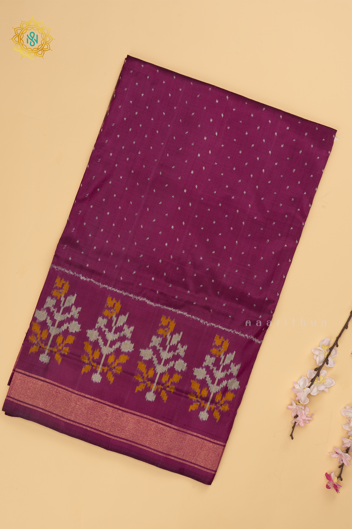 Magenta Ikkat Pure Silk Saree with Patola Printed Body and Zari Border