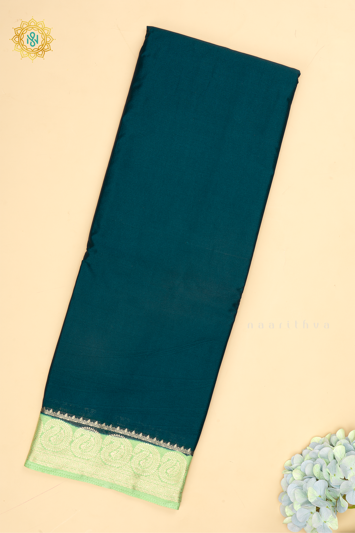 Peacock Blue With Light Green Semi Mysore Crepe Saree With Plain Body And Contrast Mango Zari Border