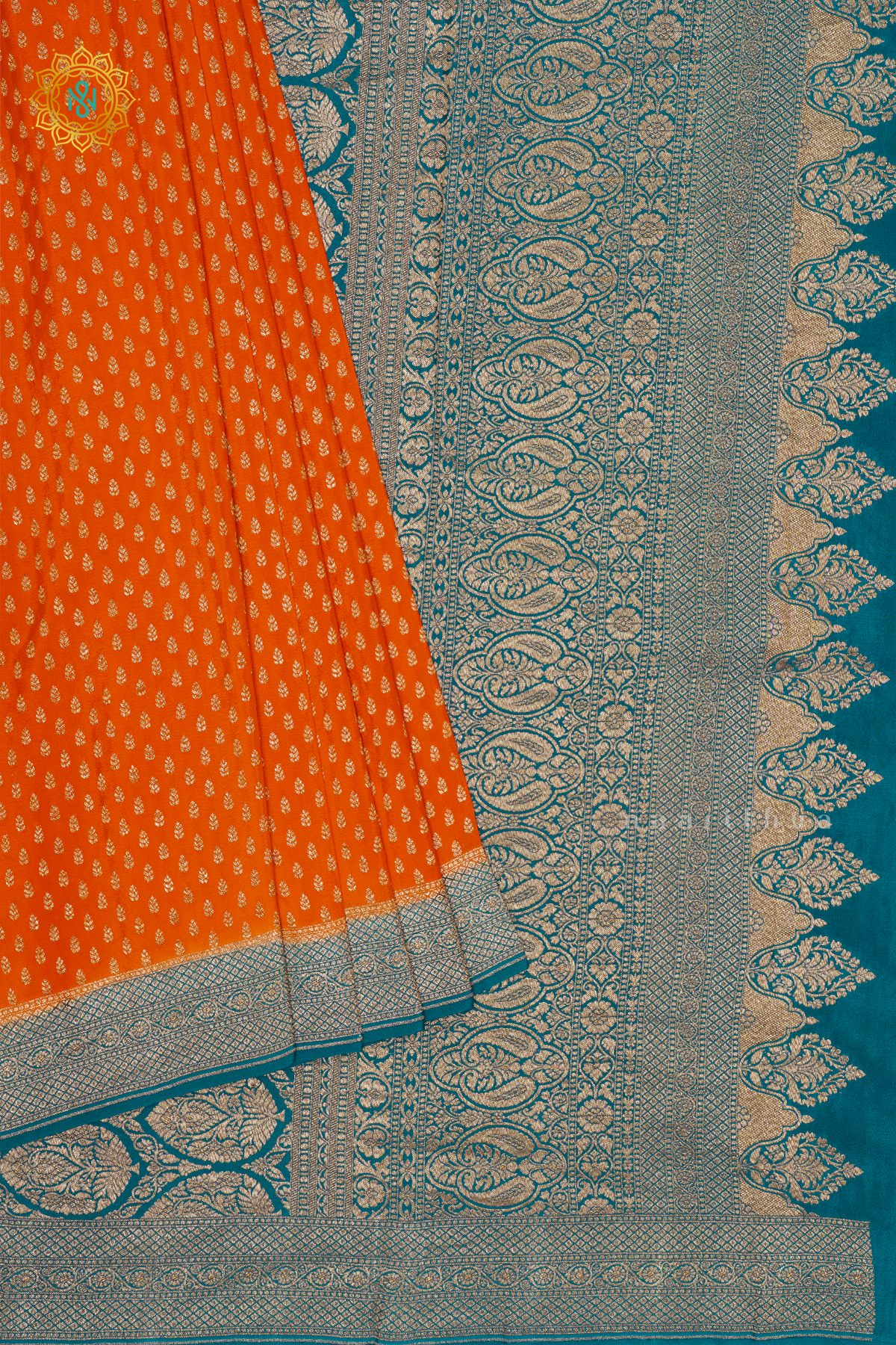 ORANGE WITH CYAN GREEN - PURE BANARASI CREPE SILK