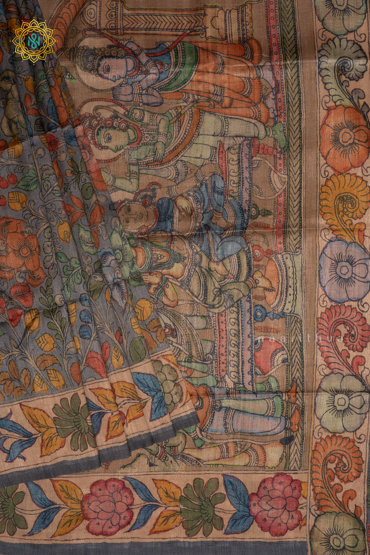 Light Blue With Beige - Semi Gicha Tussar Saree Allover Kalamkari Printed Body With Pallu And Blouse