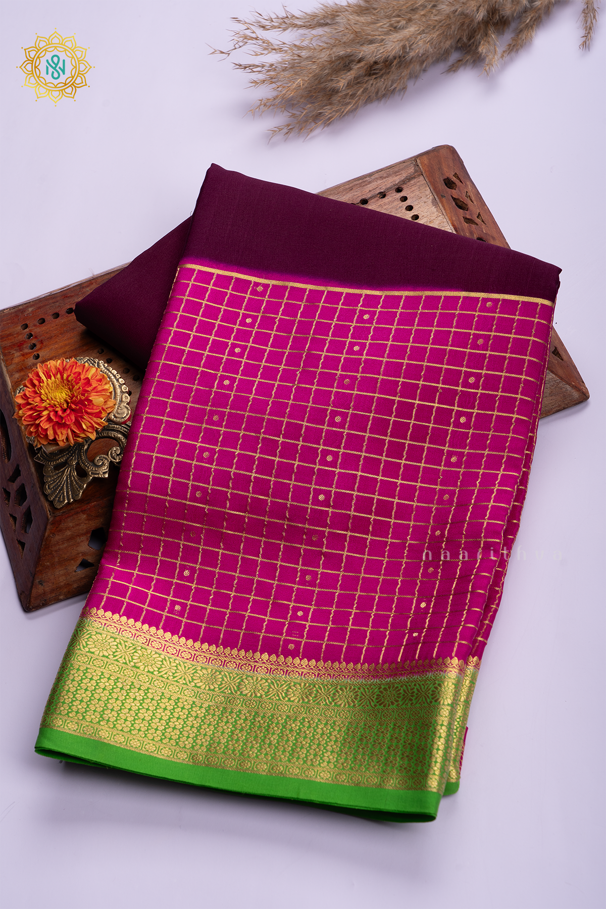 WINE WITH PINK & GREEN - PURE MYSORE CREPE SILK
