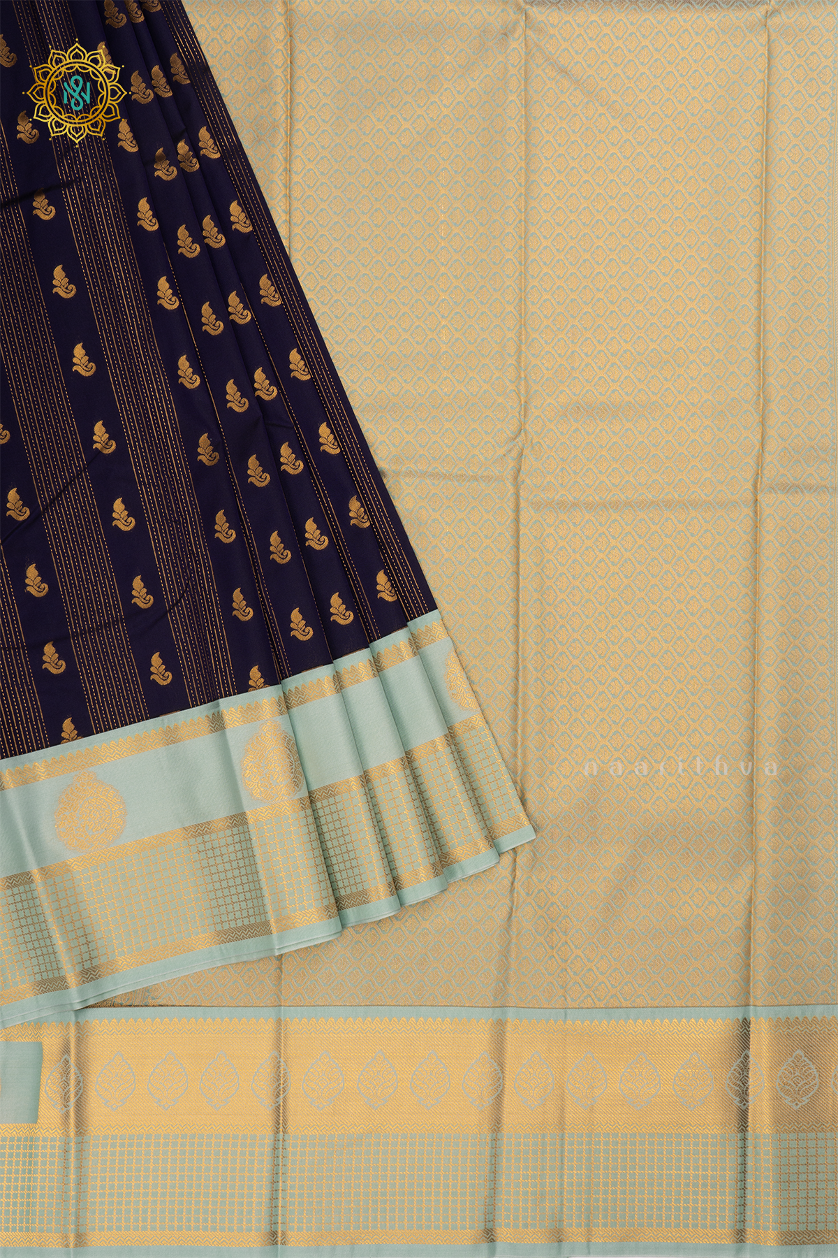 Navy Blue With Aqua Green Semi Kanchi Saree With Zari Buttas All Over And Contrast Zari Border