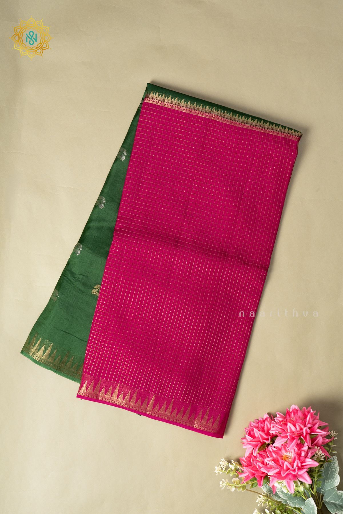 Green With Pink Semi Crepe Silk Saree With Zari Checks & Buttas On The Body With Half & Half Pattern