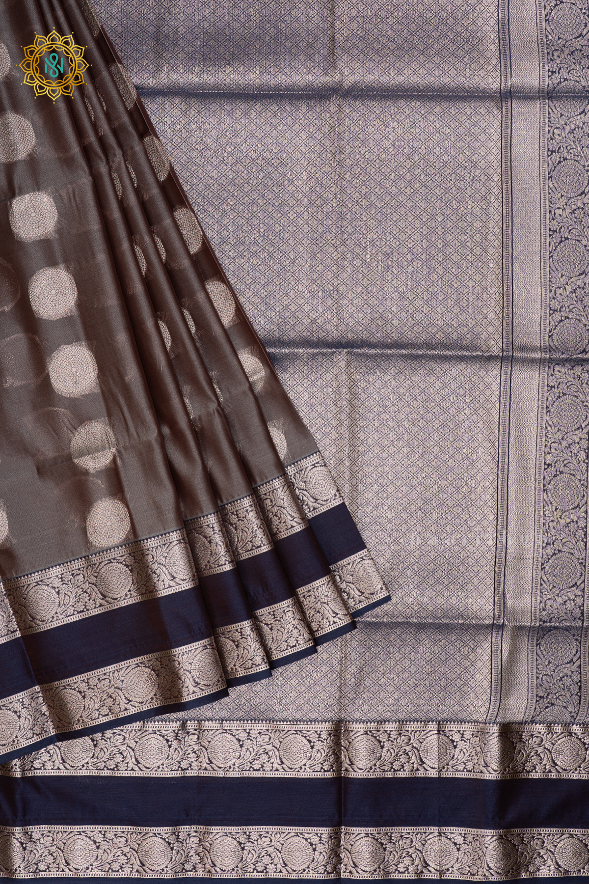 GREY WITH NAVY BLUE- SEMI SOFT SILK SAREE ALLOVER ZARI BUTTAS AND CONTRAST GAP BORDER