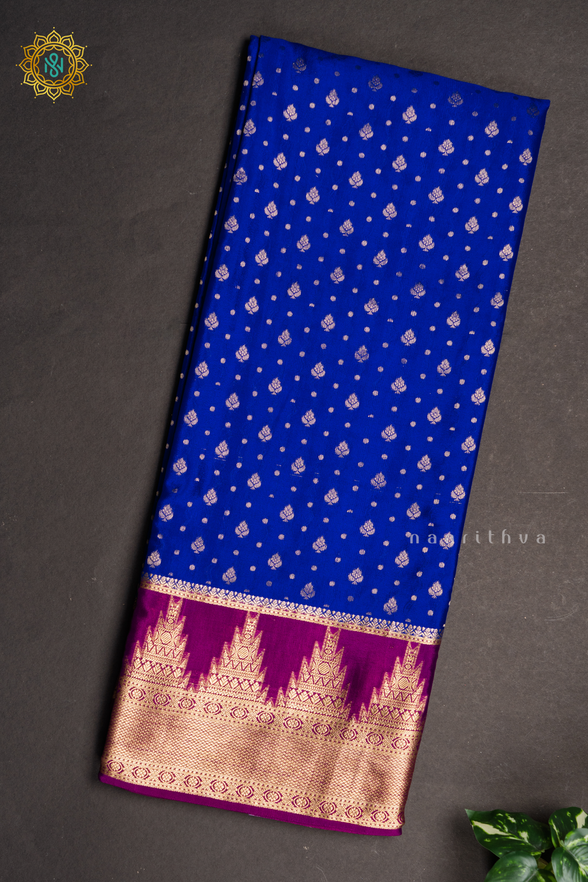 ROYAL BLUE WITH MAGENTA - PURE MYSORE CREPE SILK