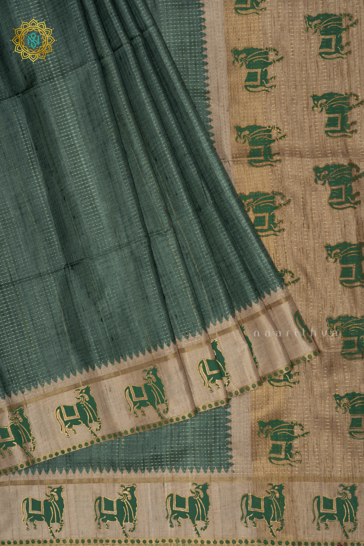 Green With Beige Semi Tussar Silk Saree With Zari Stripes On The Body, Printed Border And Contrast Blouse