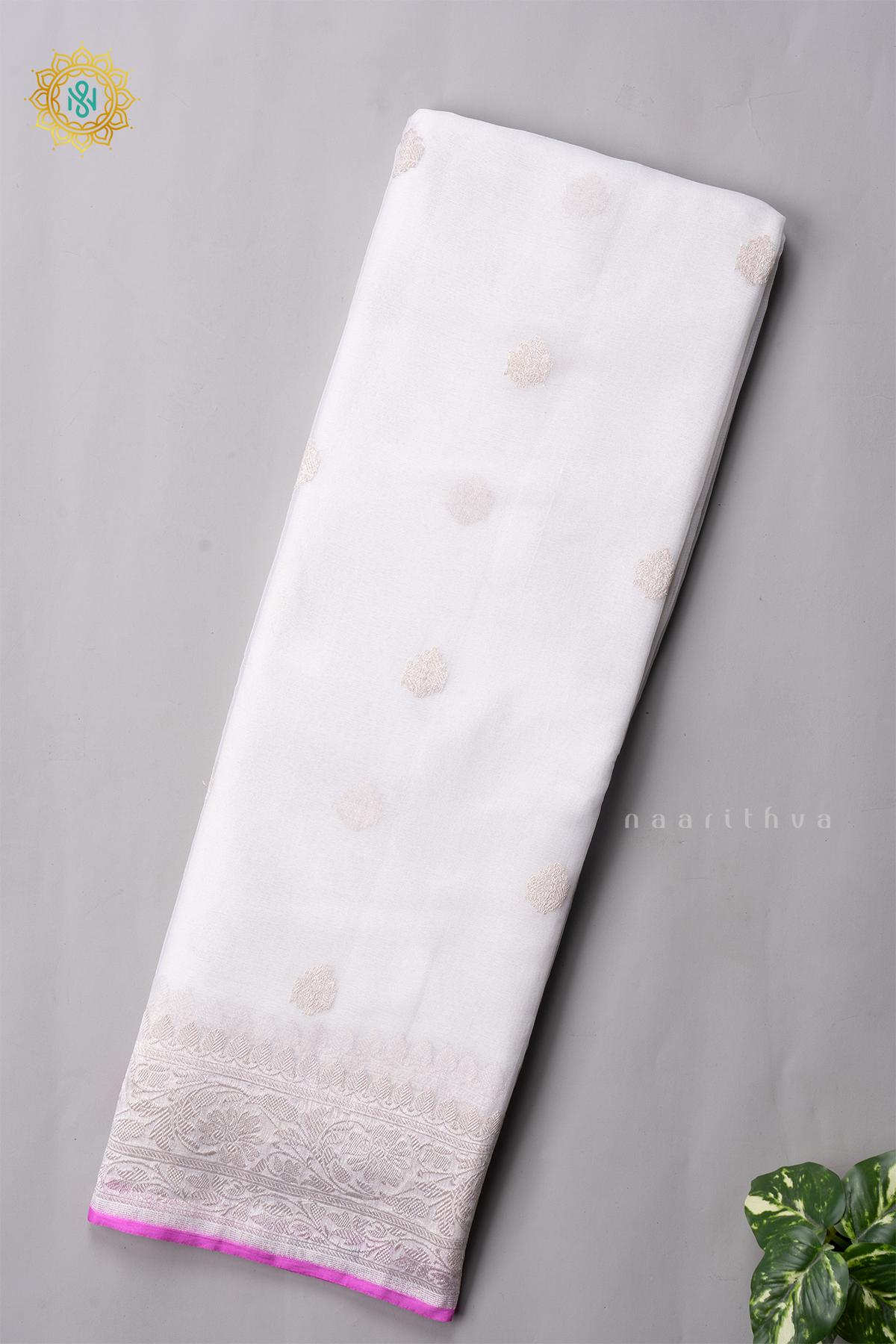 WHITE WITH PINK - PURE BANARASI CHIFFON
