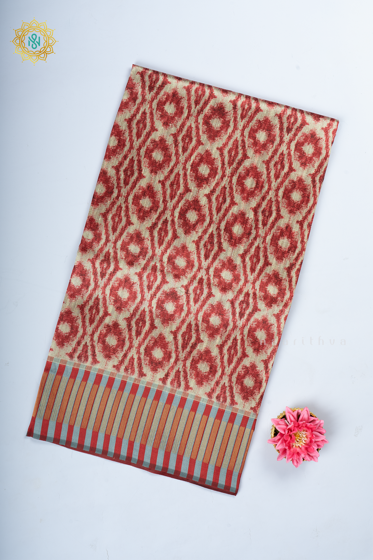 Beige With Red Semi Tussar Silk With Printed Body With Zari Border & Pallu